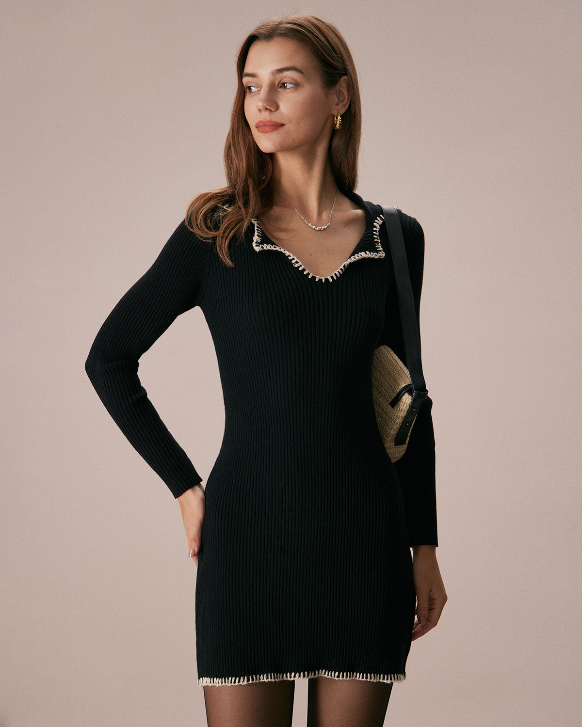 Siyah Contrast Stitch Kazak Mini Elbise - 4. görünüm