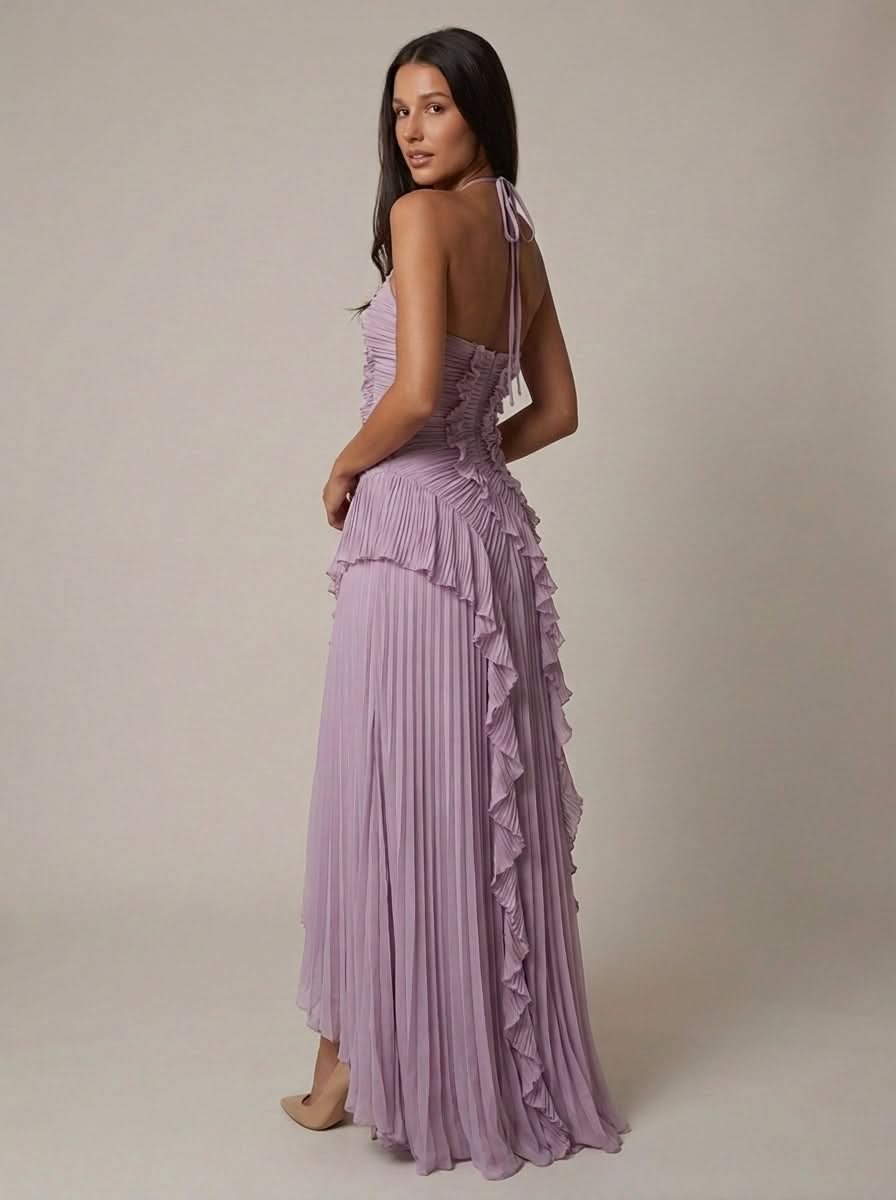 Halter Yaka Maxi Elbise Mor Pileli Detaylı