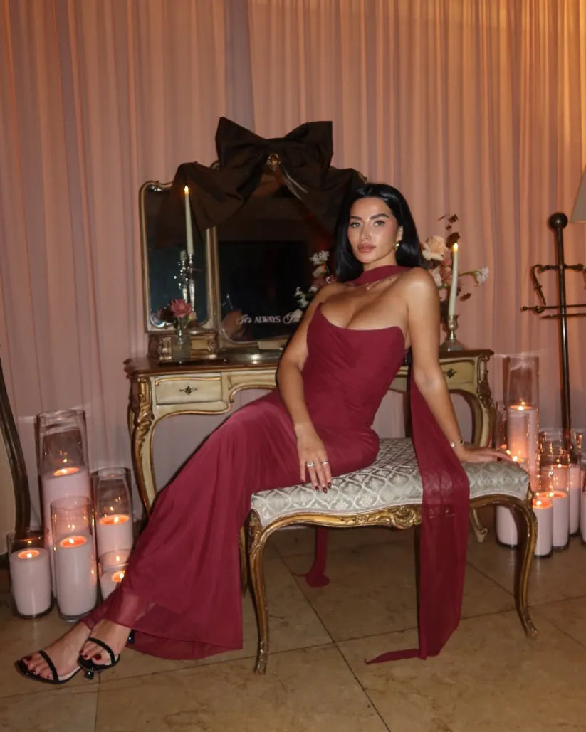 Aniyah Askısız Bodycon Maxi Elbise Bordo Tek Omuz