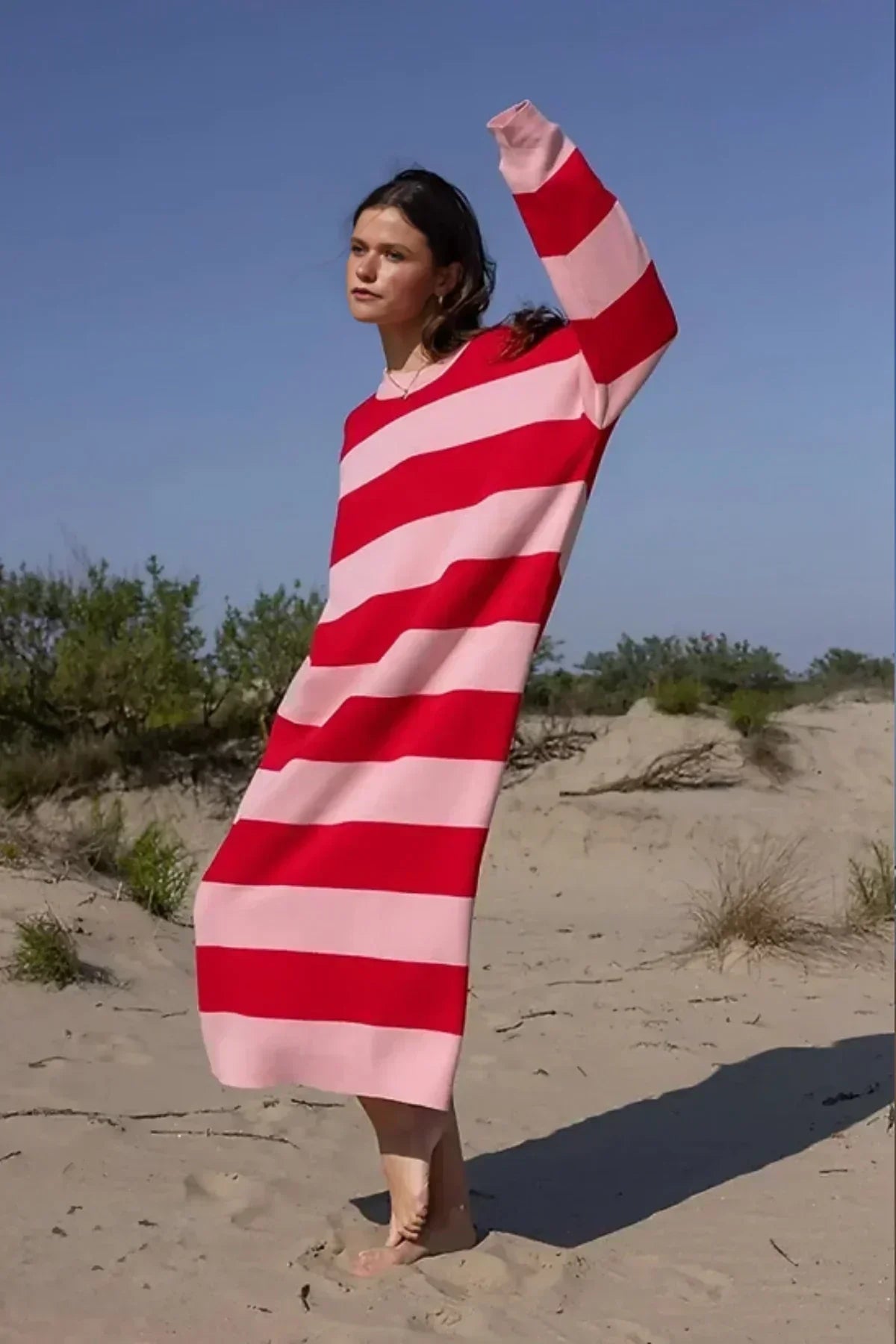 Günlük Çizgili Oversize Midi Elbise