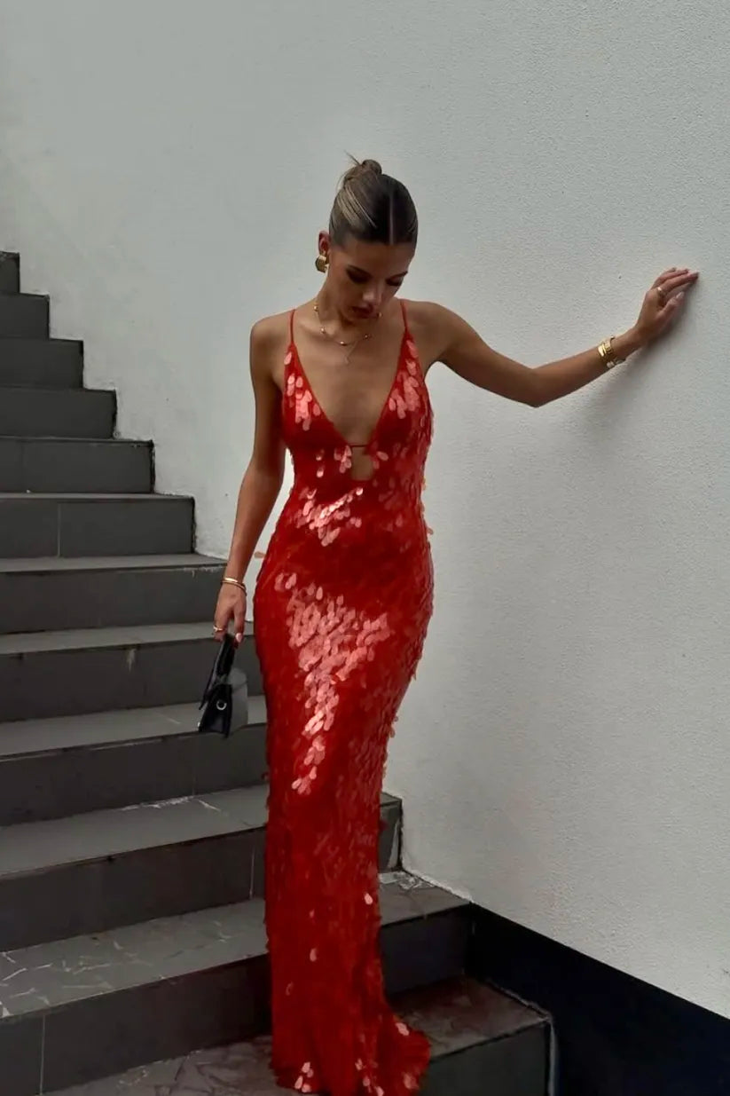 Kailani Payetli Maxi Elbise Kırmızı Derin V Yaka