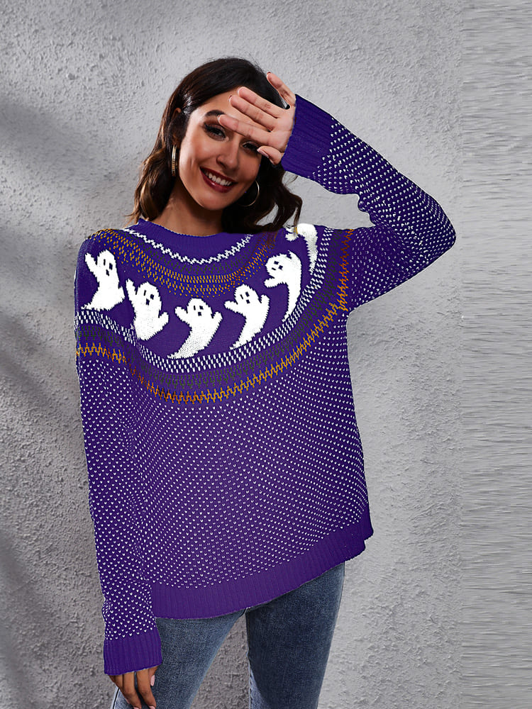 Edebi Retro Hayalet Desenli Yuvarlak Yaka Örme Kazak - 23. görünüm