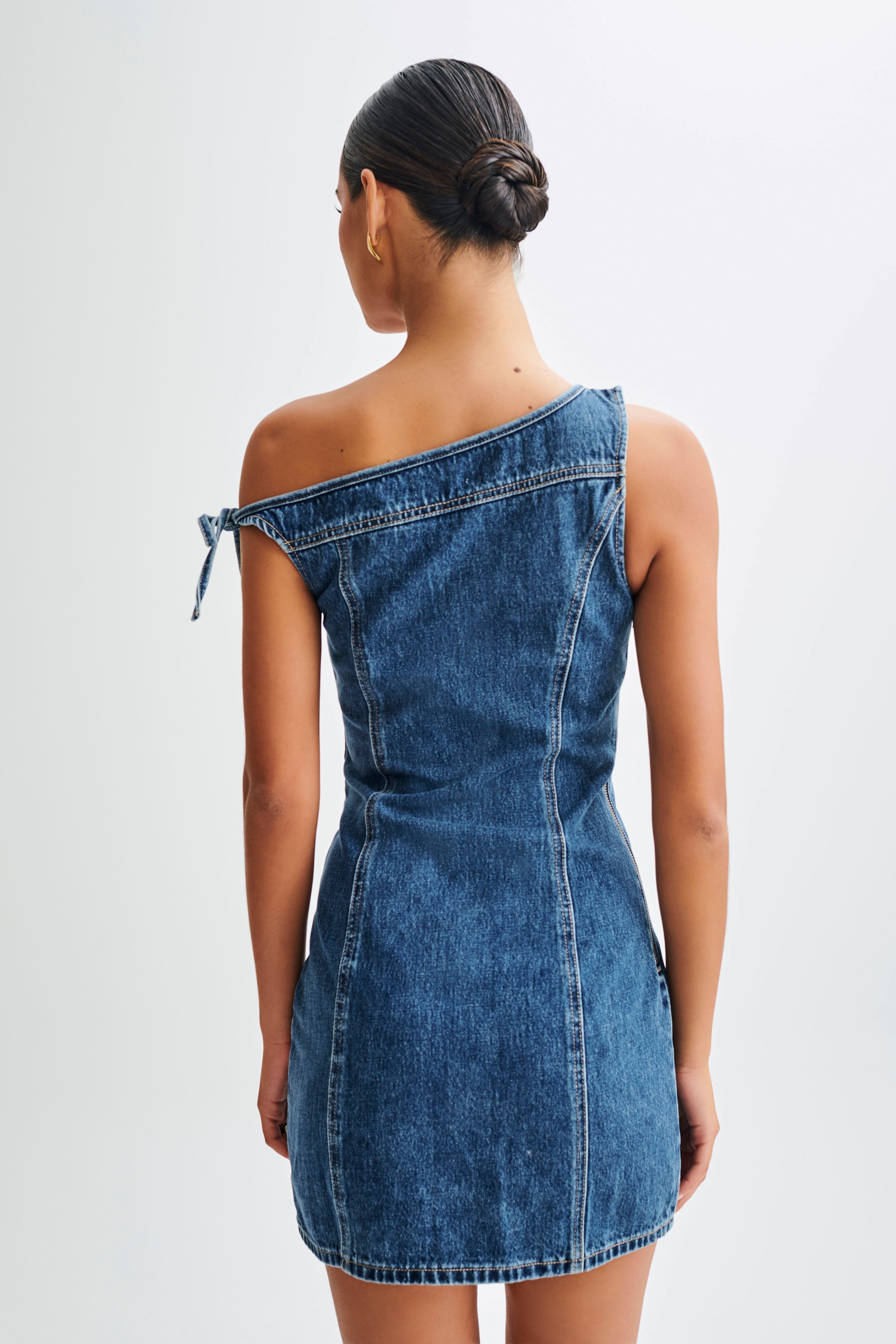 Baker Düşük Omuz Denim Mini Elbise - Koyu Mavi