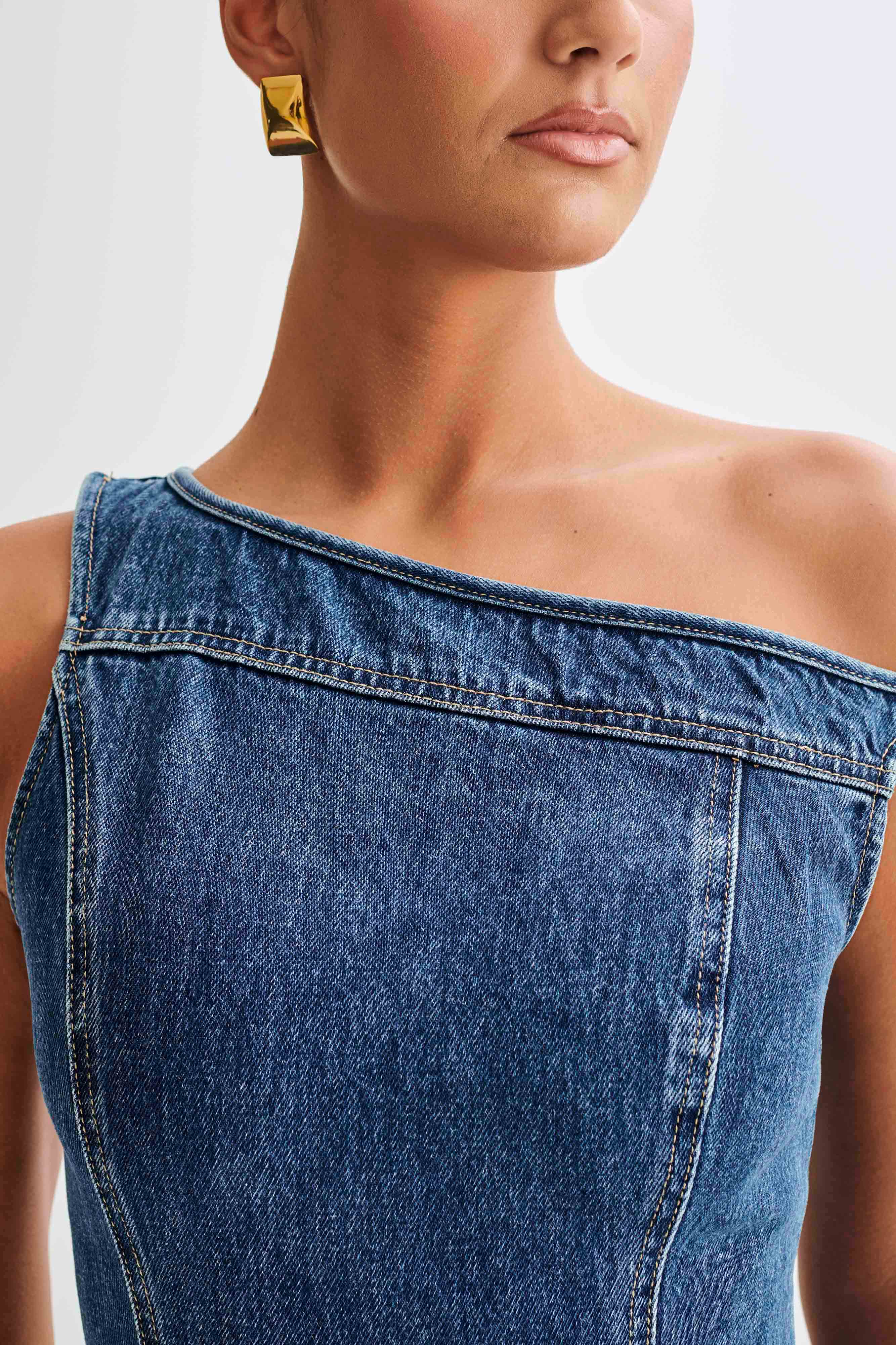 Baker Düşük Omuz Denim Mini Elbise - Koyu Mavi