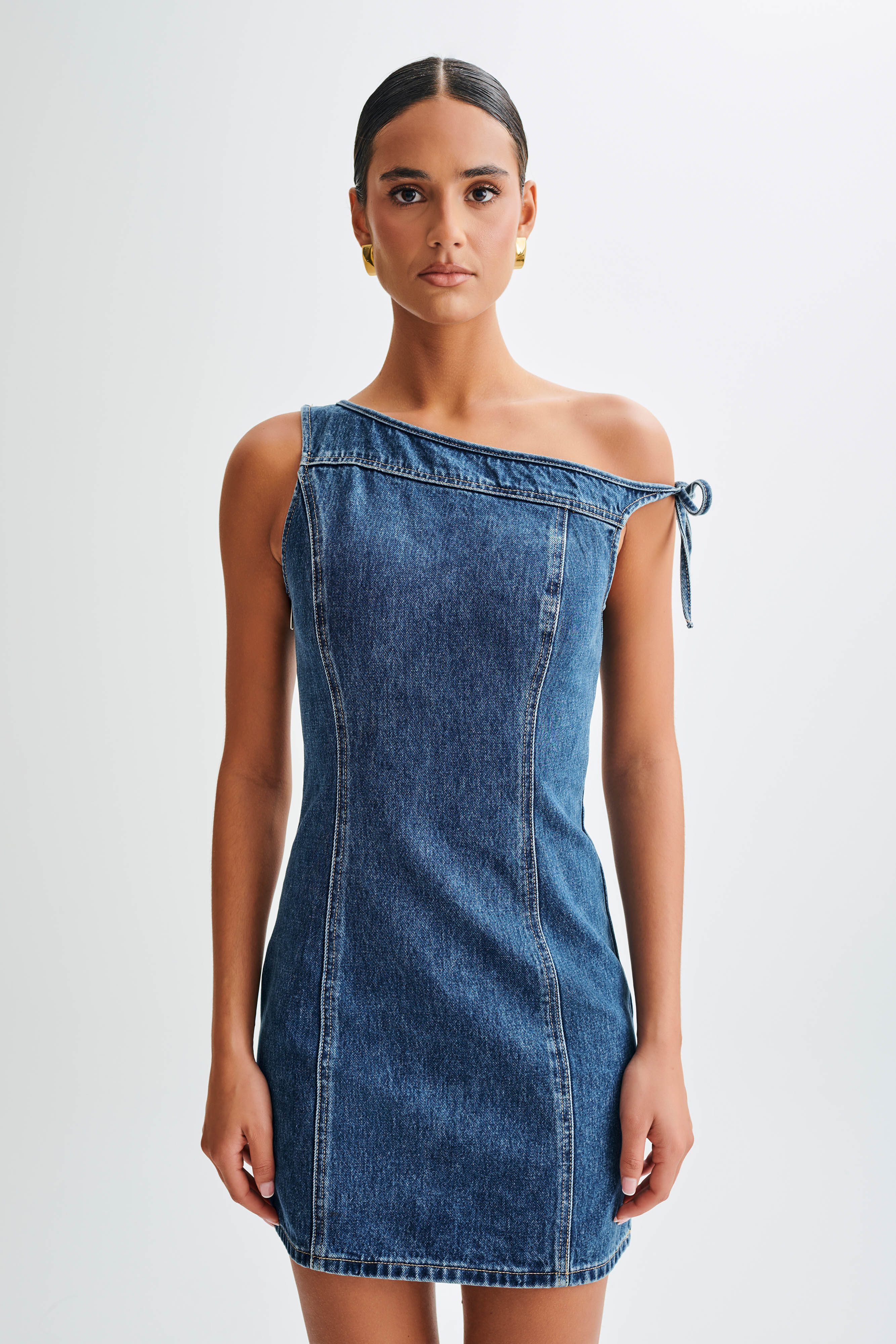 Baker Düşük Omuz Denim Mini Elbise - Koyu Mavi