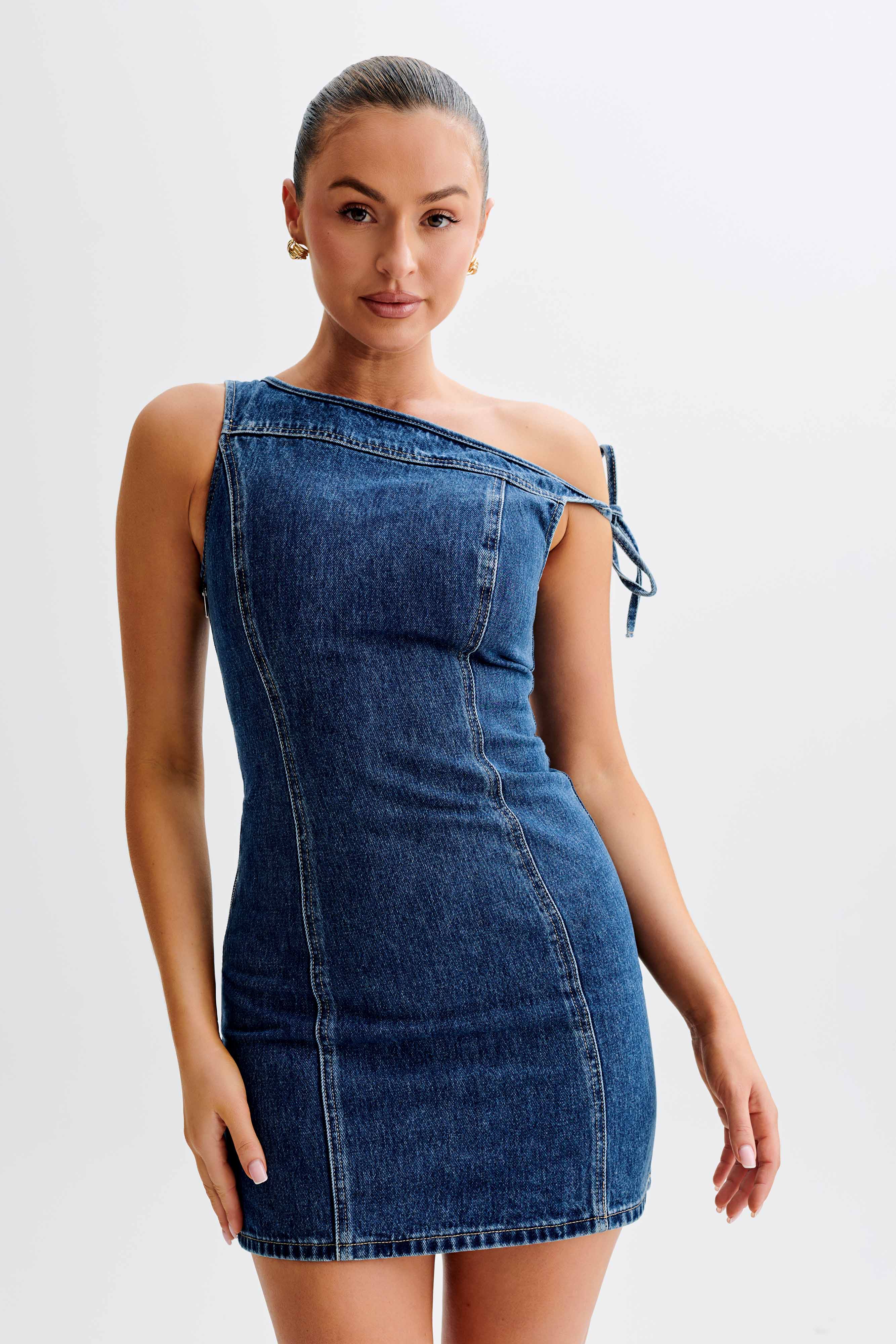 Baker Düşük Omuz Denim Mini Elbise - Koyu Mavi
