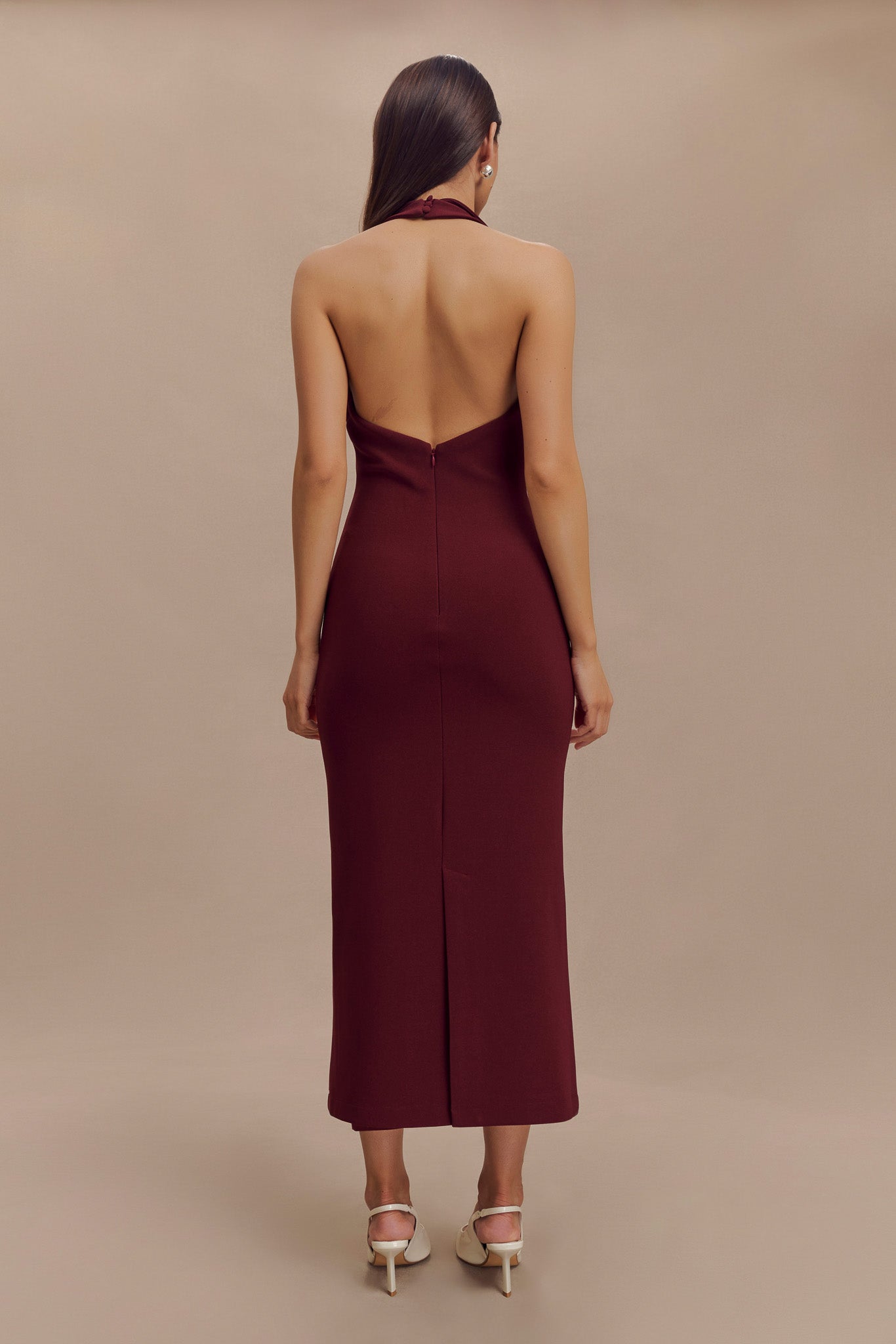 Annita Krep Boyundan Bağlamalı Midi Elbise - Merlot