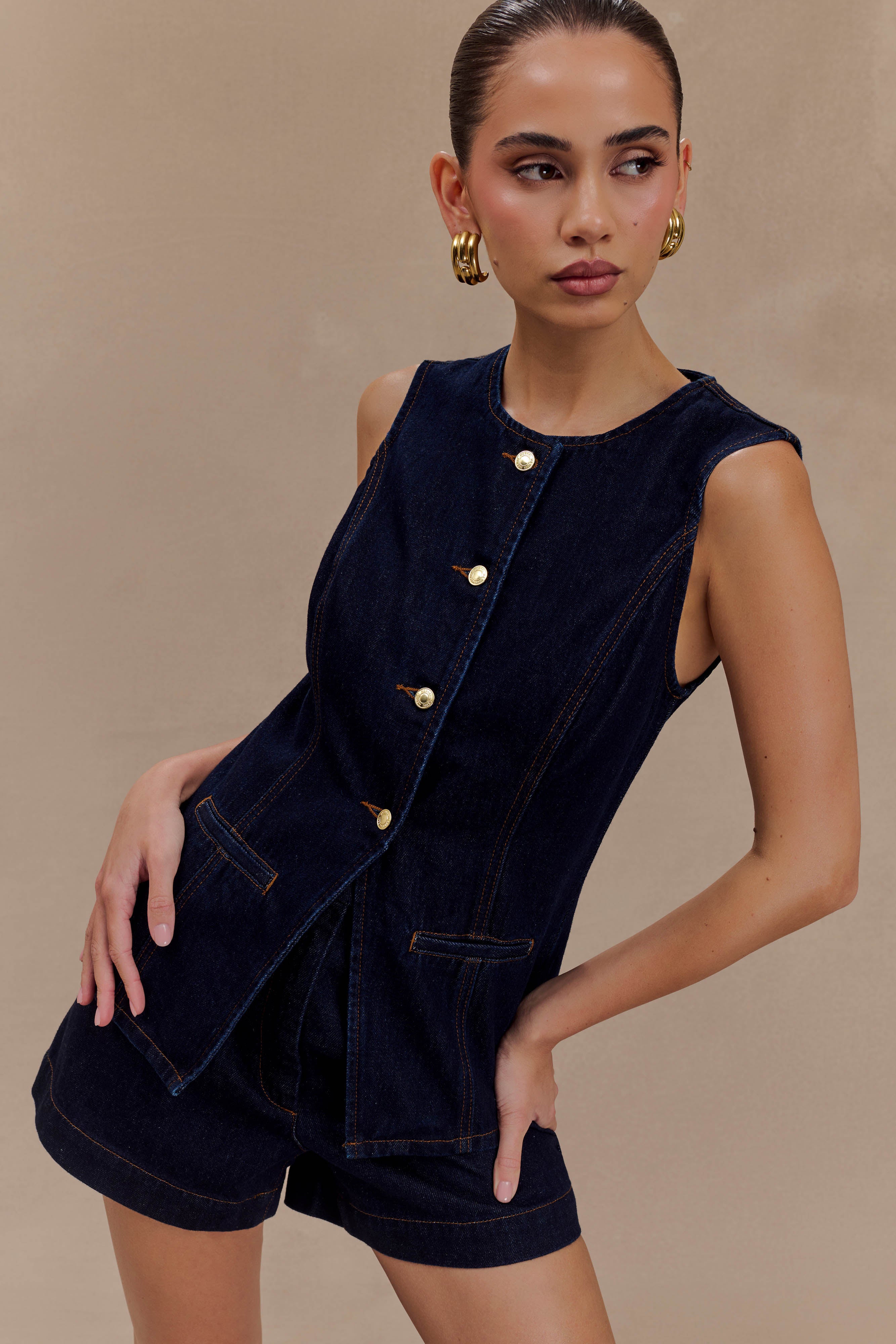 Abel Denim Düğmeli Üst - İndigo Mavi