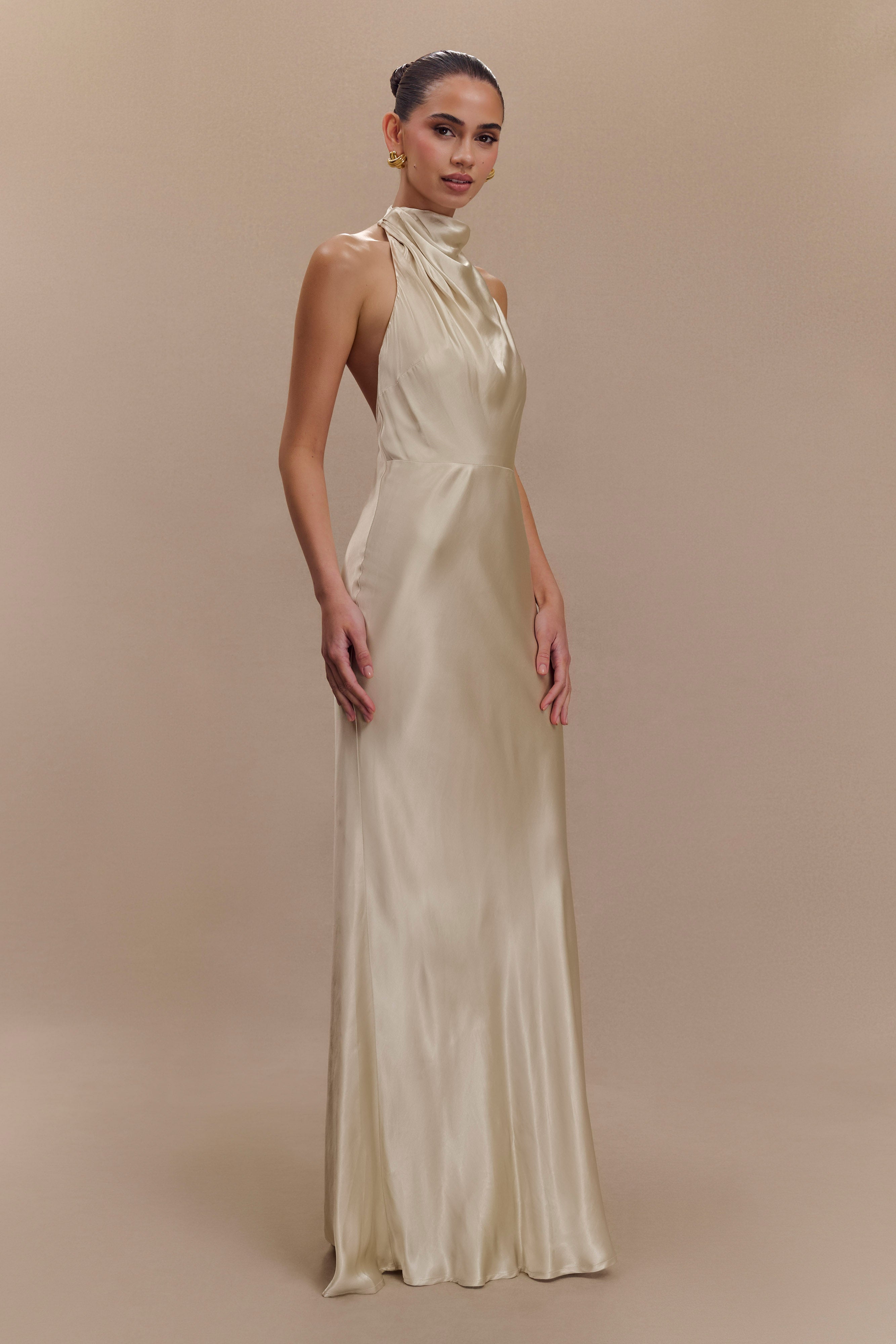 Esther Yanardöner Saten Cowl Maxi Elbise - Altın
