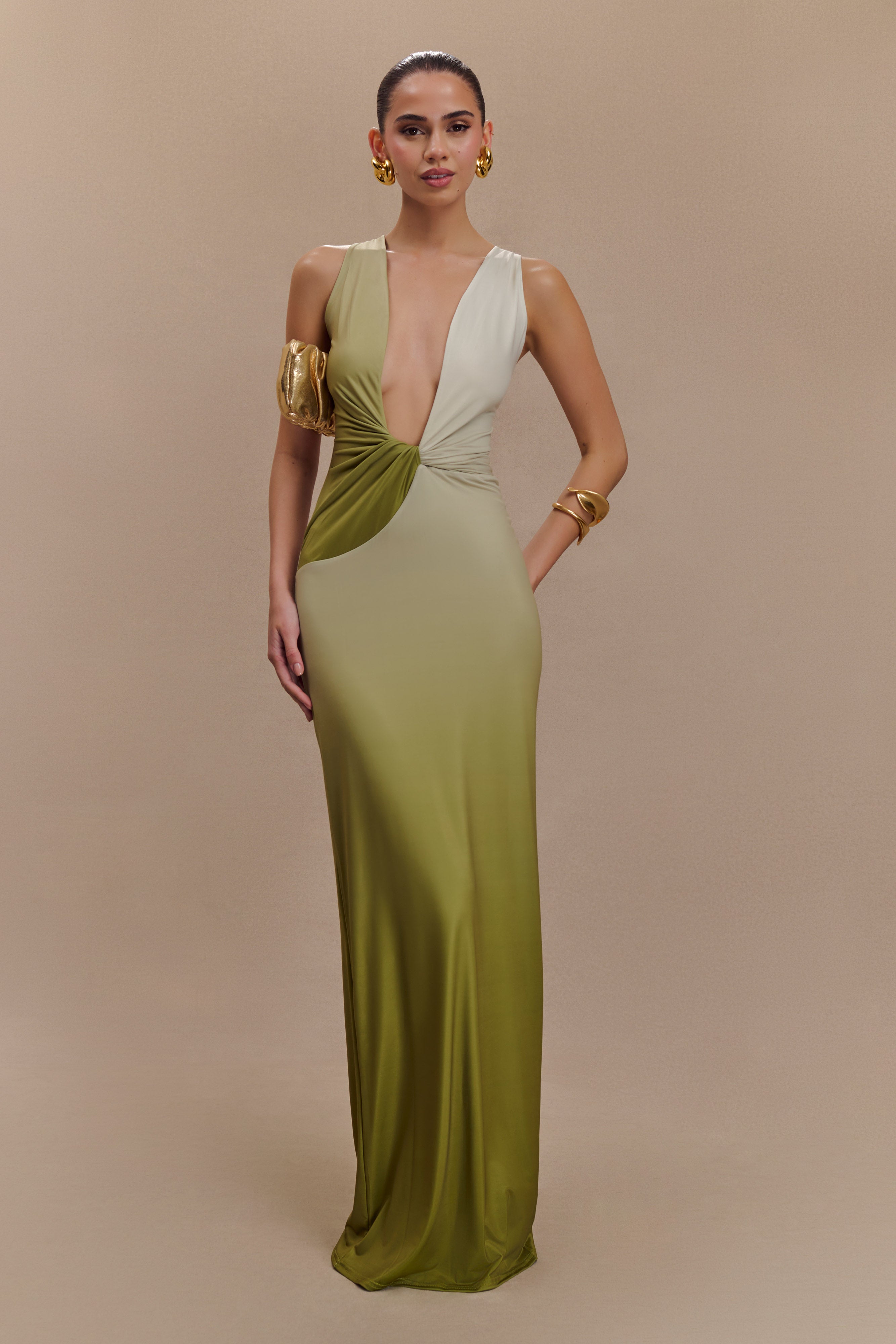 Stella Drapeli Dar Maxi Elbise - Ombre Vintage Zeytin