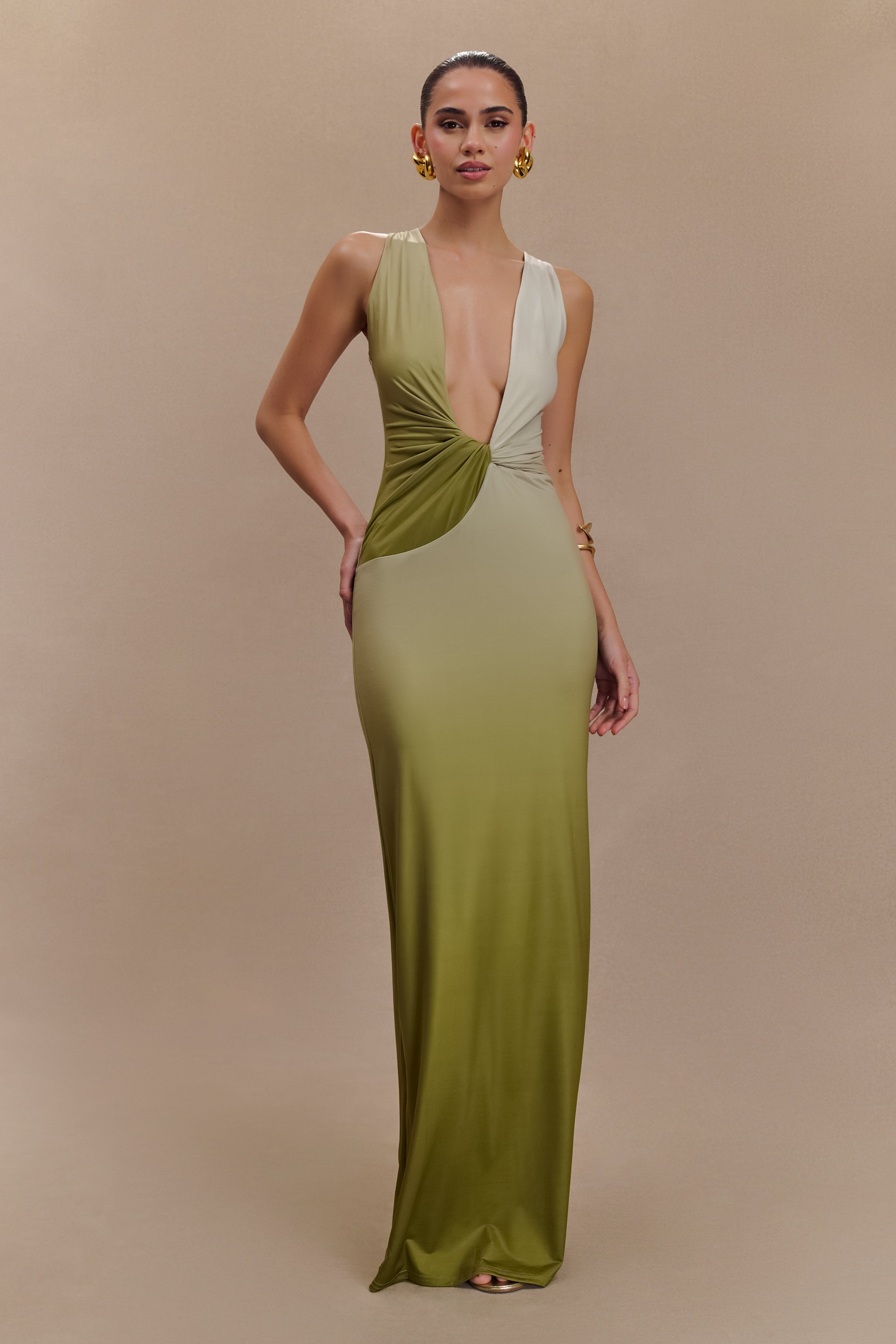 Stella Drapeli Dar Maxi Elbise - Ombre Vintage Zeytin