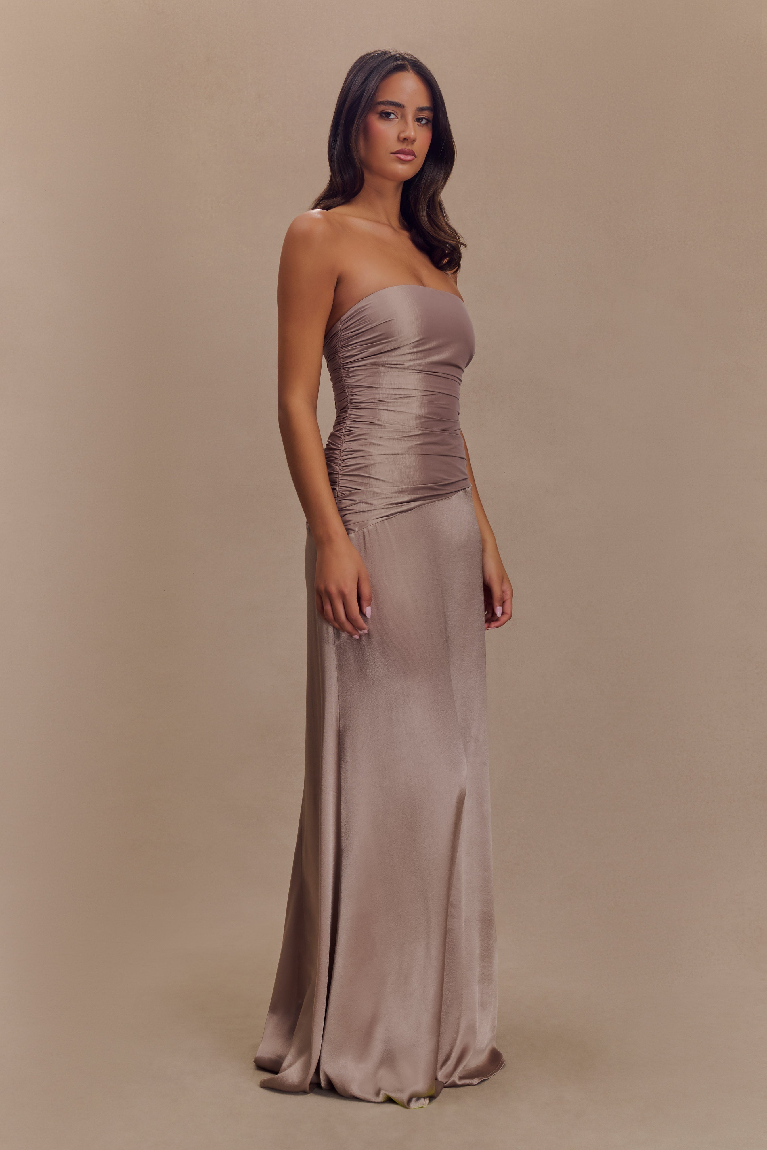 Serena Straplez Tafta Maxi Elbise - Bronz Taupe