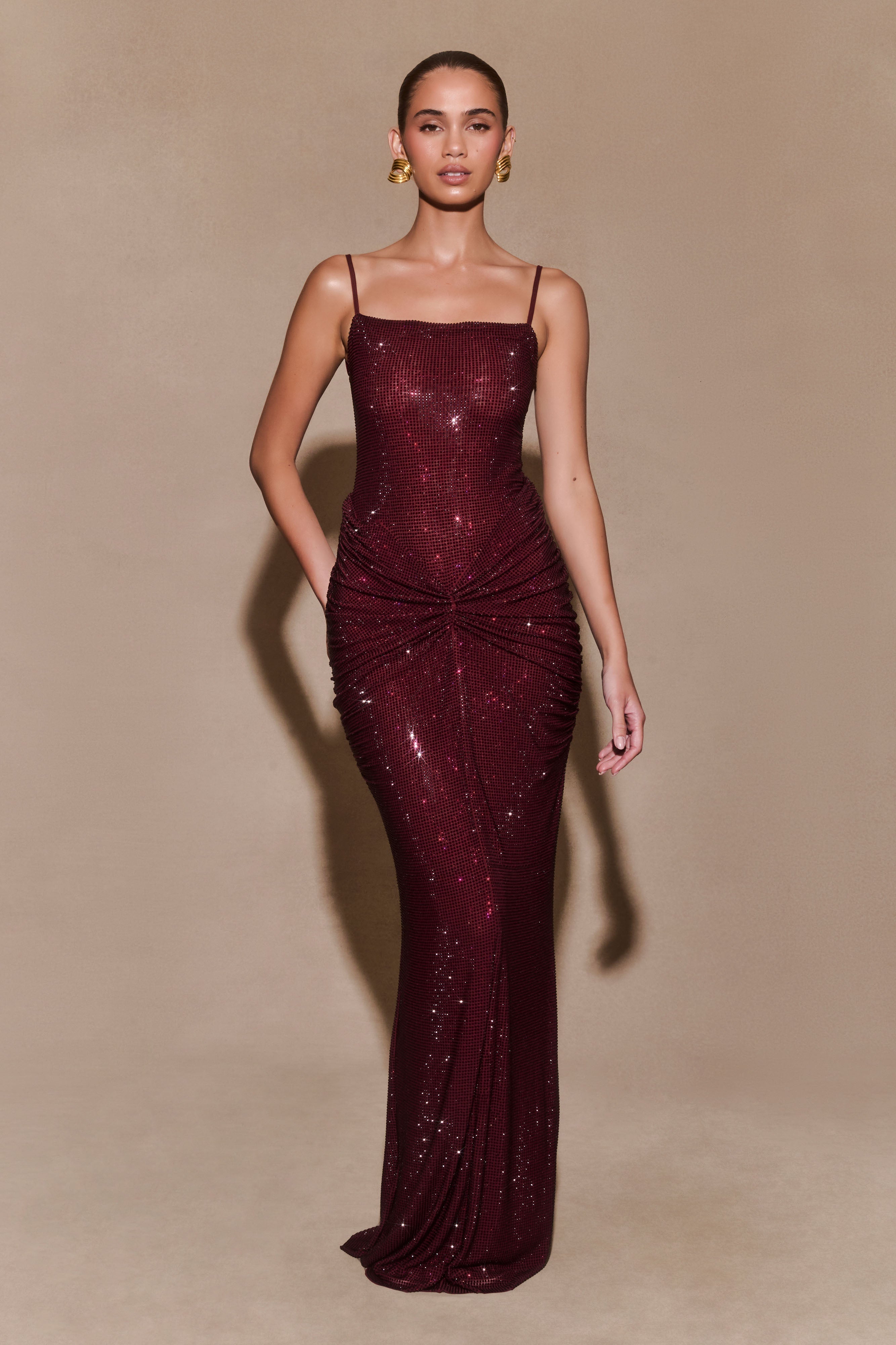 Roisin Diamante Saten Maxi Elbise - Maun