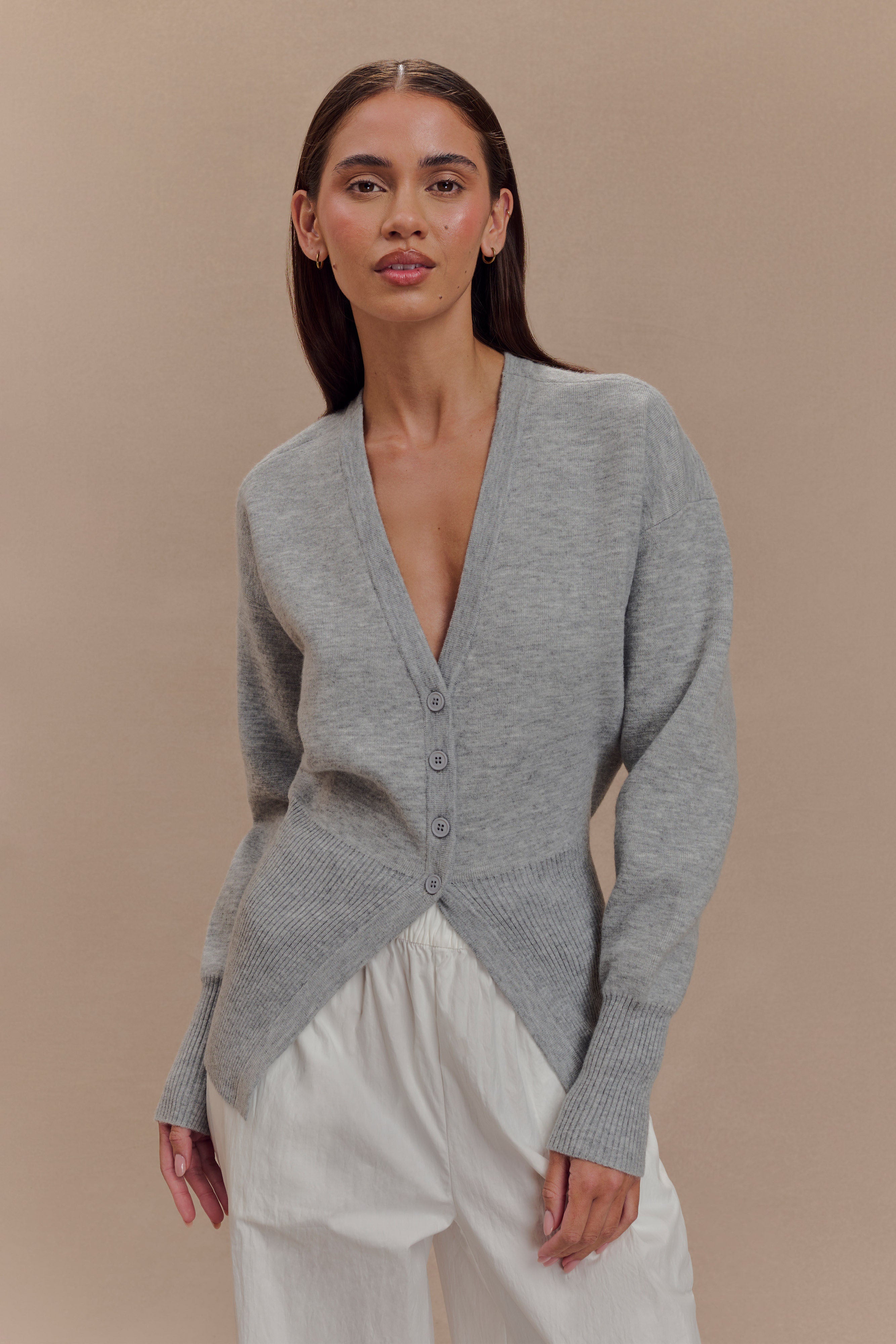 Alexia Düğmeli Oversize Hırka - Gri Marle