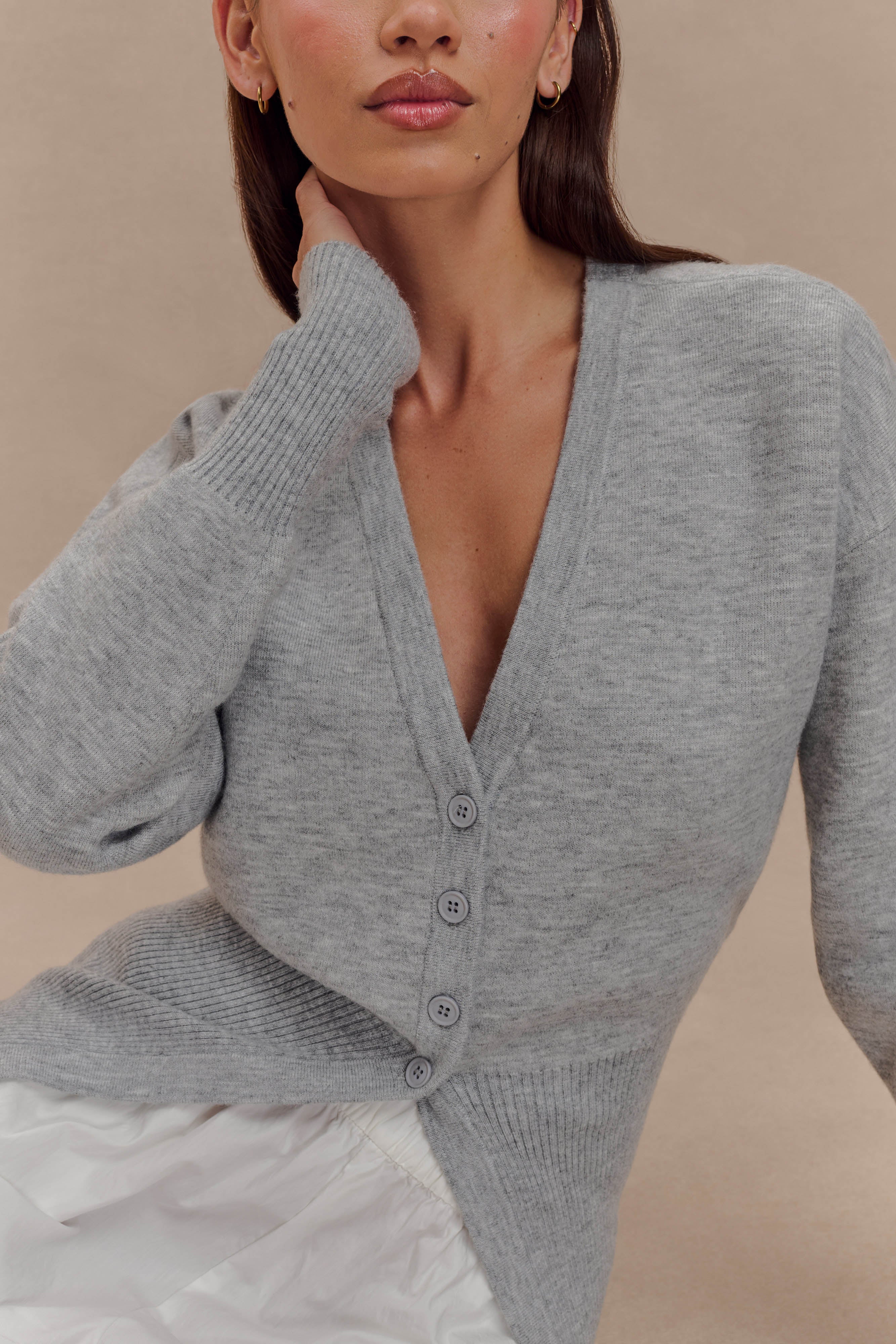 Alexia Düğmeli Oversize Hırka - Gri Marle