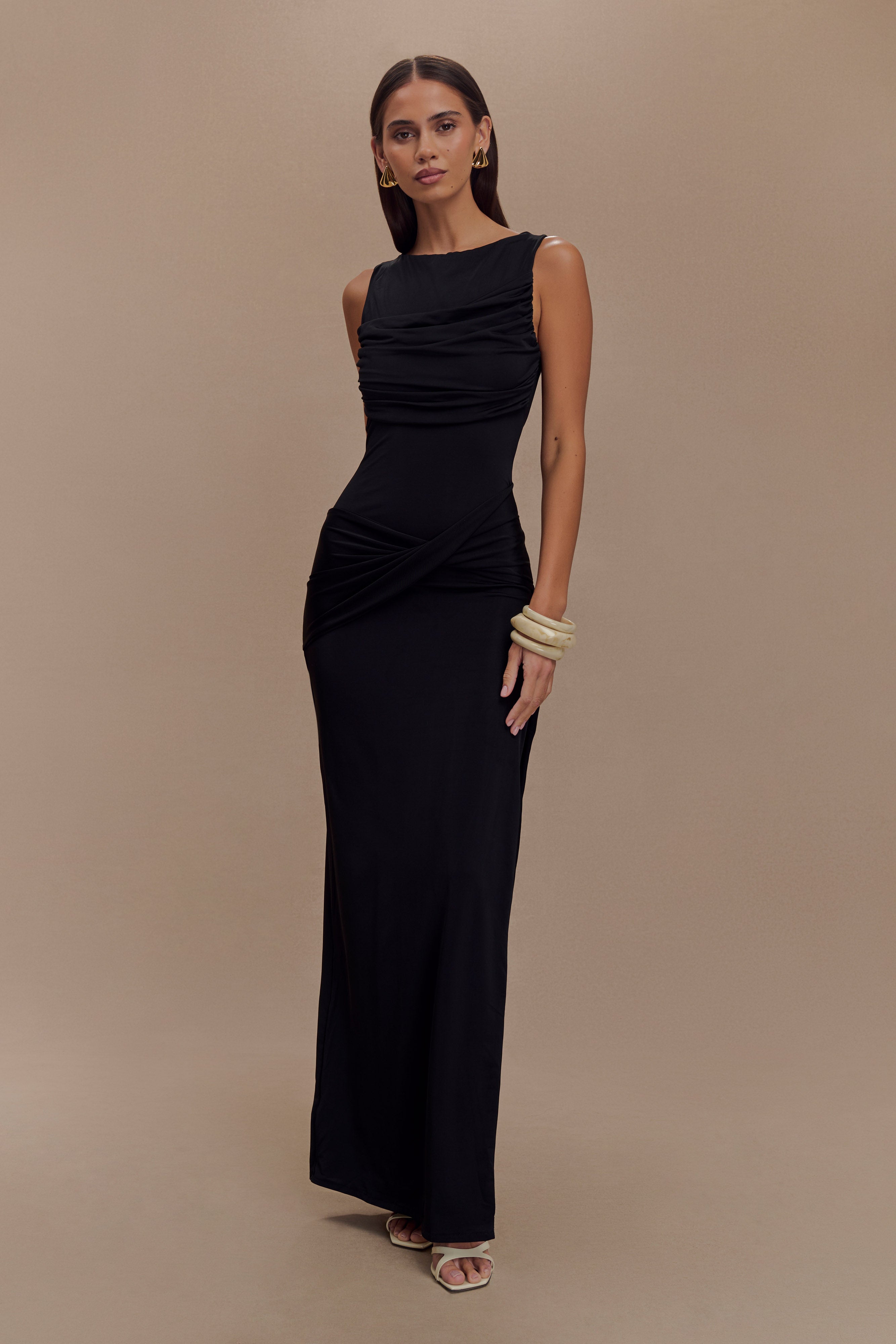 Henley Slinky Drape Maxi Elbise - Siyah