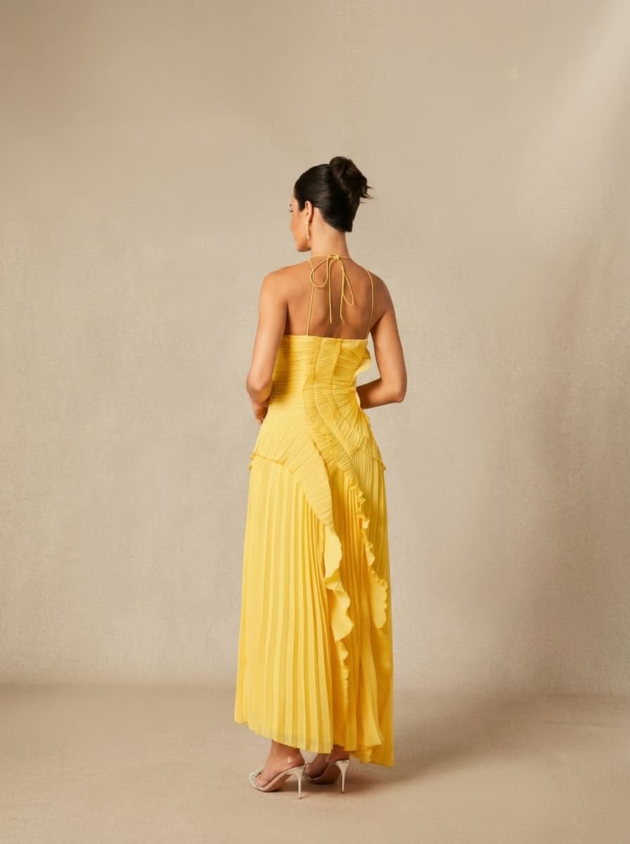 Halter Yaka Maxi Elbise Mor Pileli Detaylı