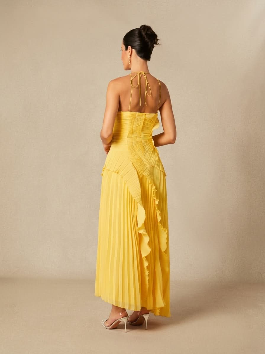 Halter Yaka Maxi Elbise Mor Pileli Detaylı