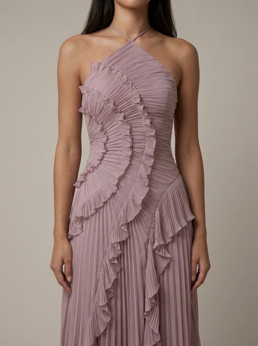 Halter Yaka Maxi Elbise Mor Pileli Detaylı