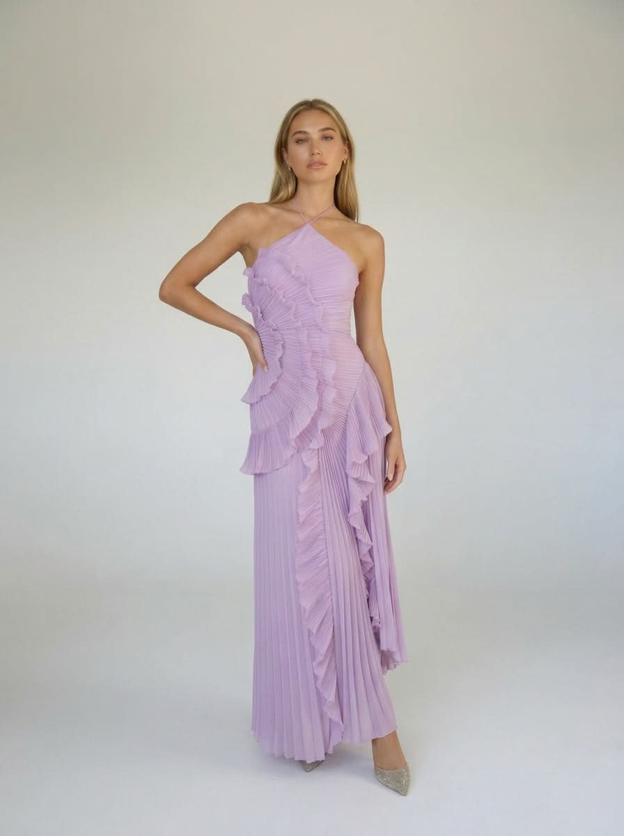 Halter Yaka Maxi Elbise Mor Pileli Detaylı