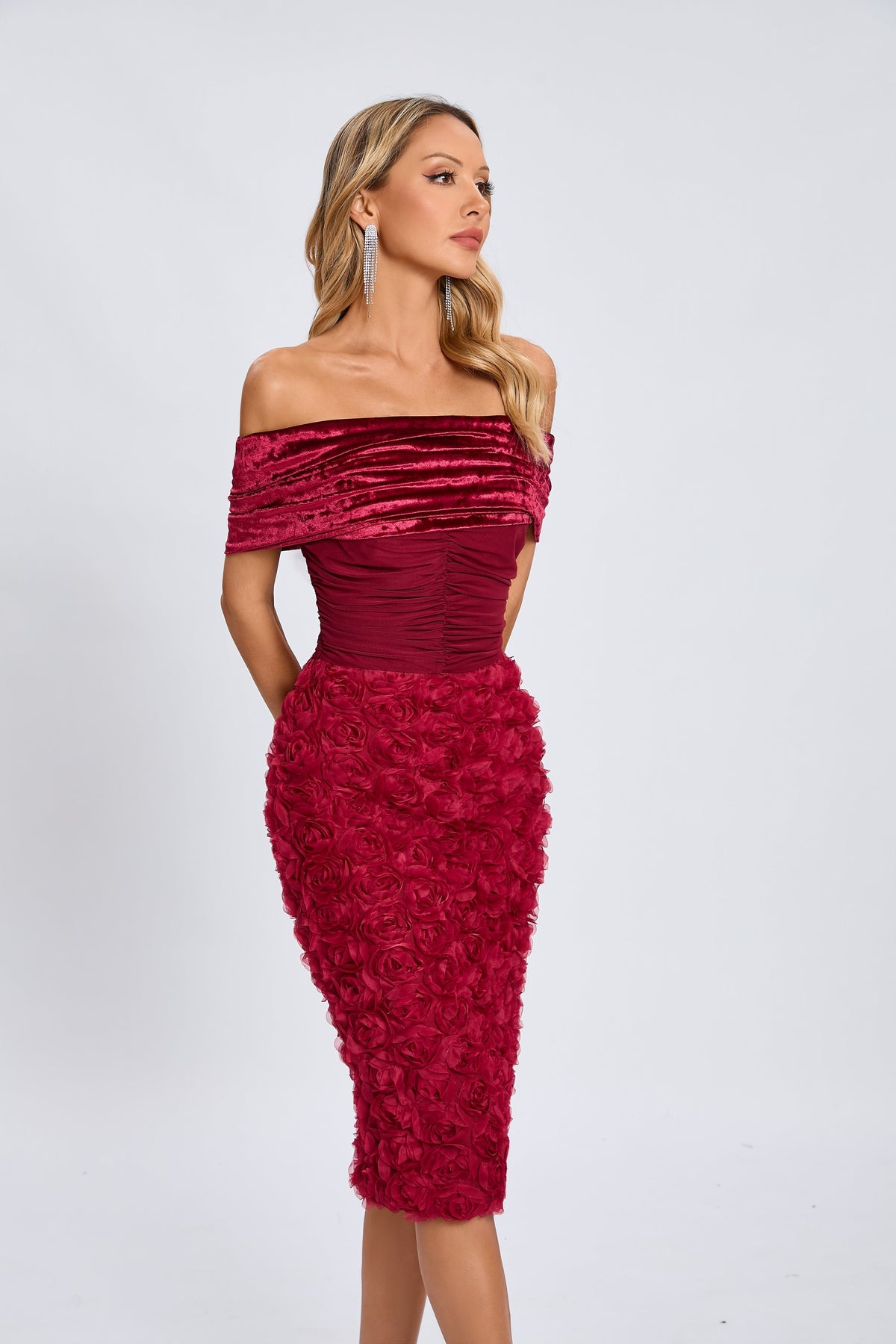 Taylor Kadife Gül Midi Elbise - 4. görünüm