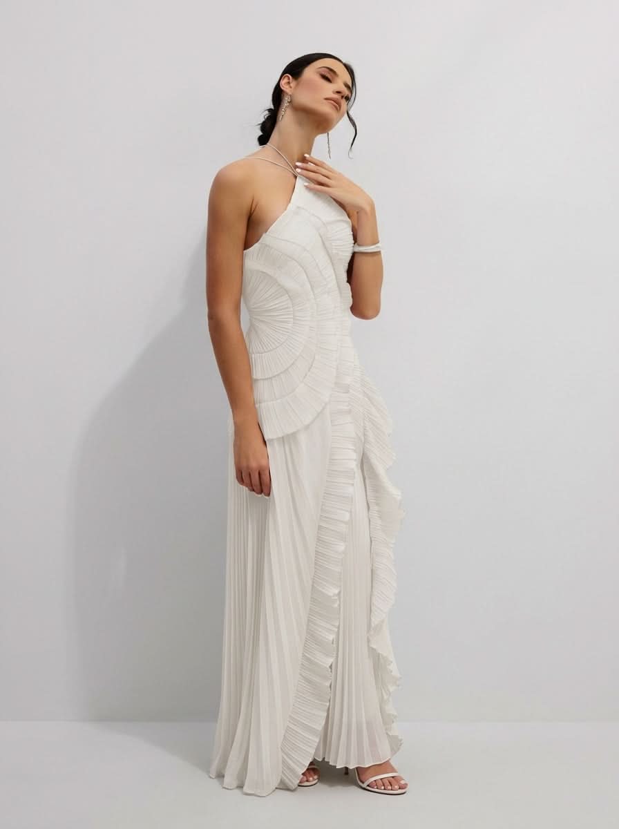 Halter Yaka Maxi Elbise Mor Pileli Detaylı