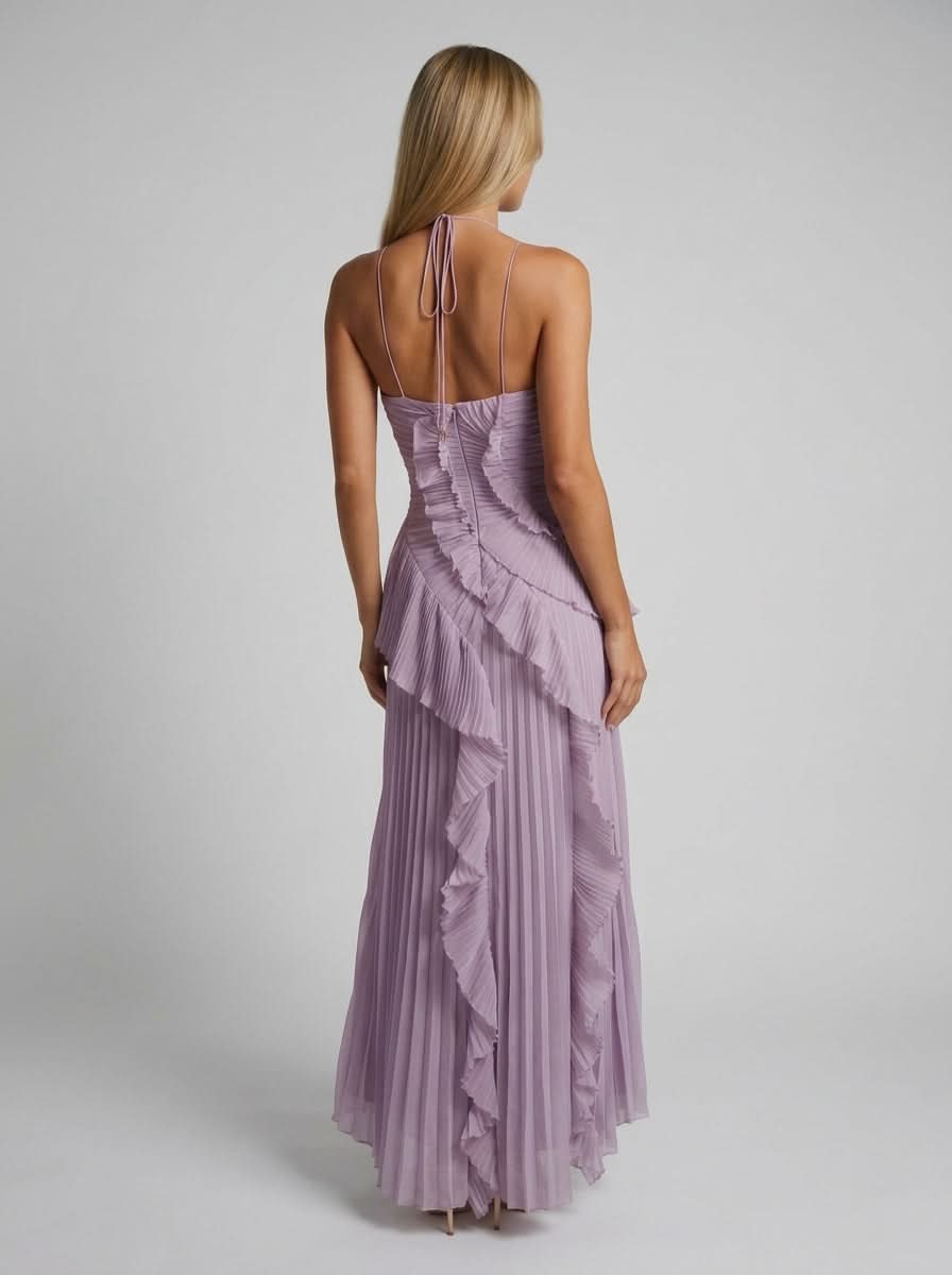 Halter Yaka Maxi Elbise Mor Pileli Detaylı