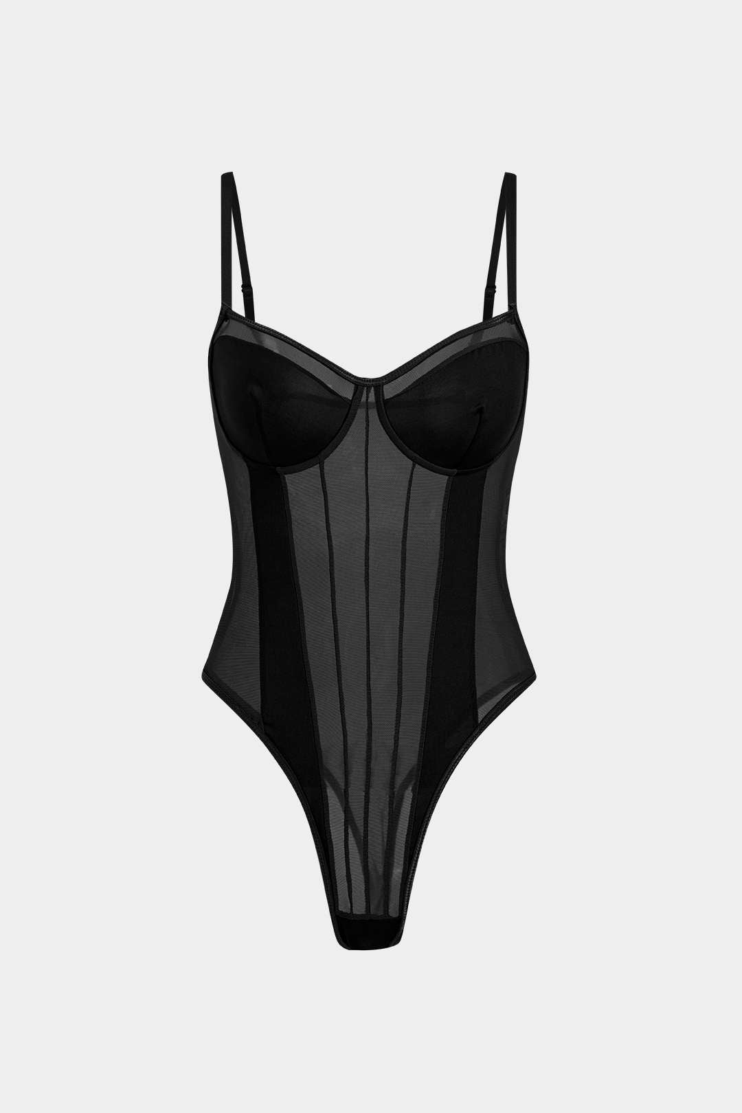 Ağ Detaylı Sırt Açık Şeffaf Patchwork Korseli Askılı Bodysuit