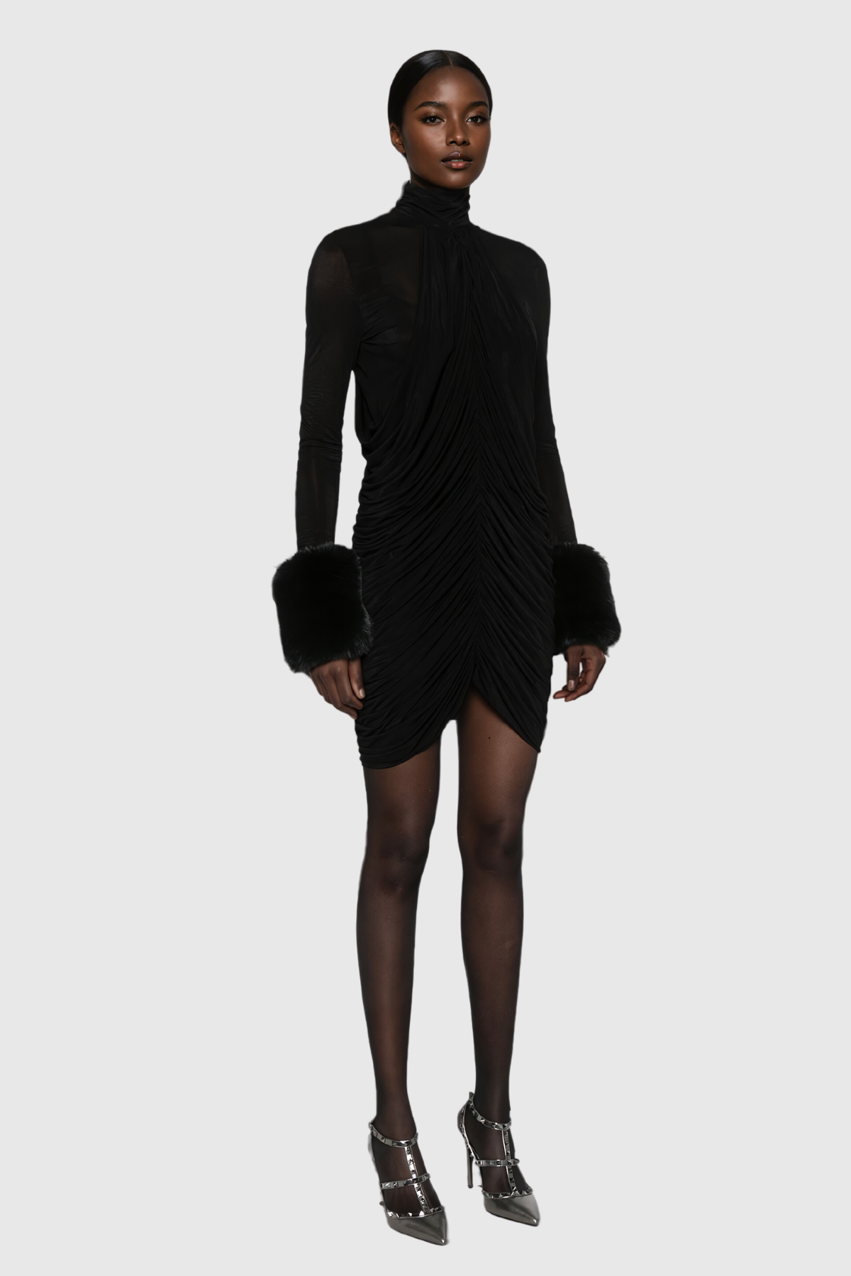 Aelwen Ruch Kürk Bodycon Mini Elbise - 3. görünüm