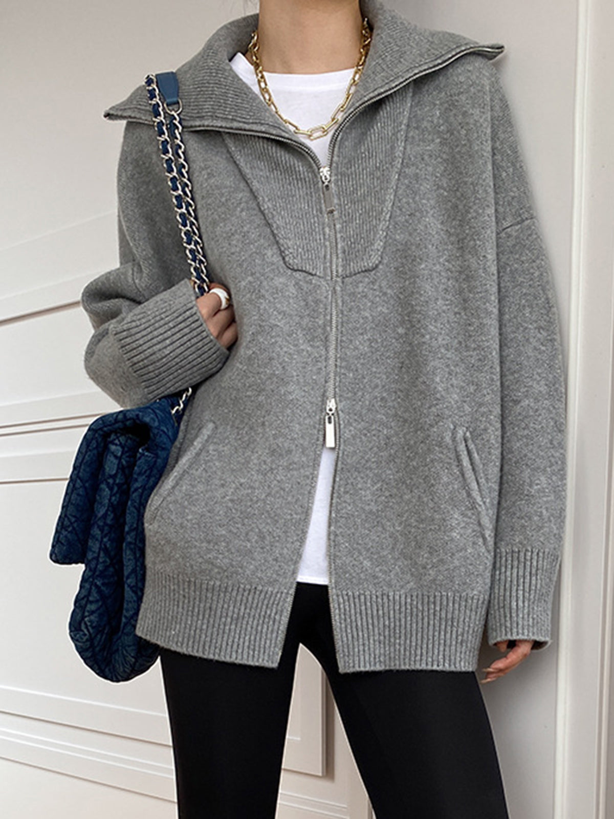 Yaka Detay Oversize Hırka Gri Fermuarlı