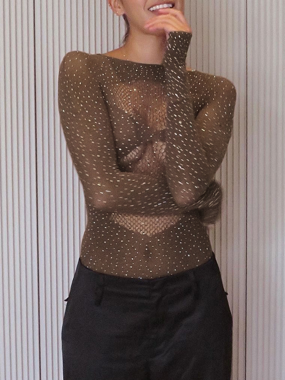 Parlak Taşlı Transparan Bodysuit Haki Uzun Kollu - 3. görünüm