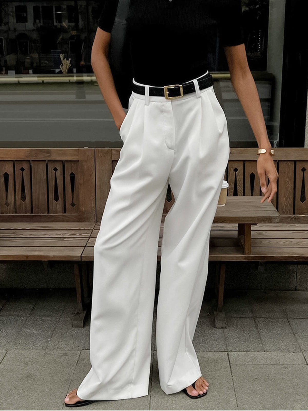 Kemersiz Geniş Paça Pantolon Beyaz Regular Fit