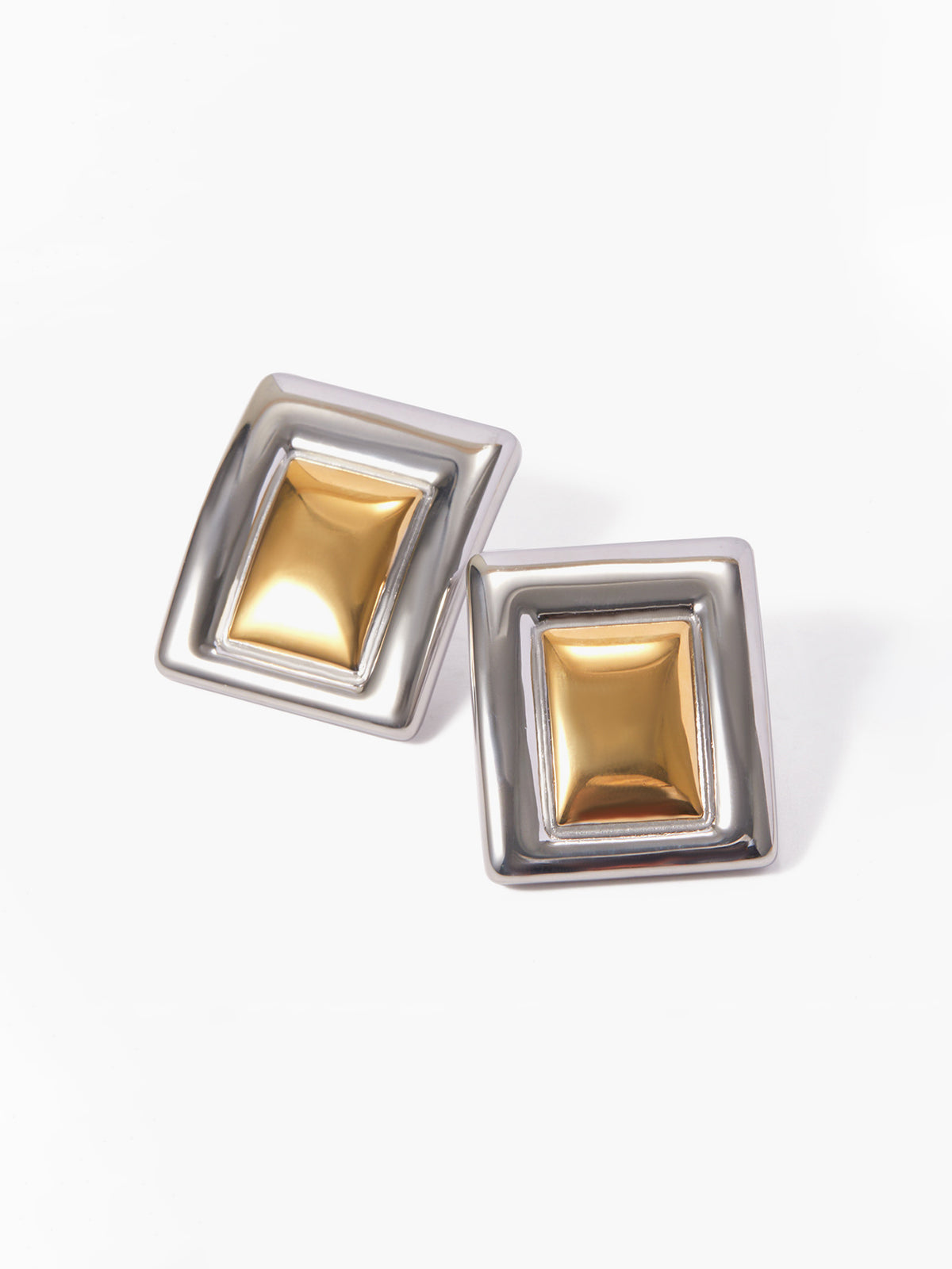 İki Tonlu Dikdörtgen Küpe Titanyum Çelik Gümüş