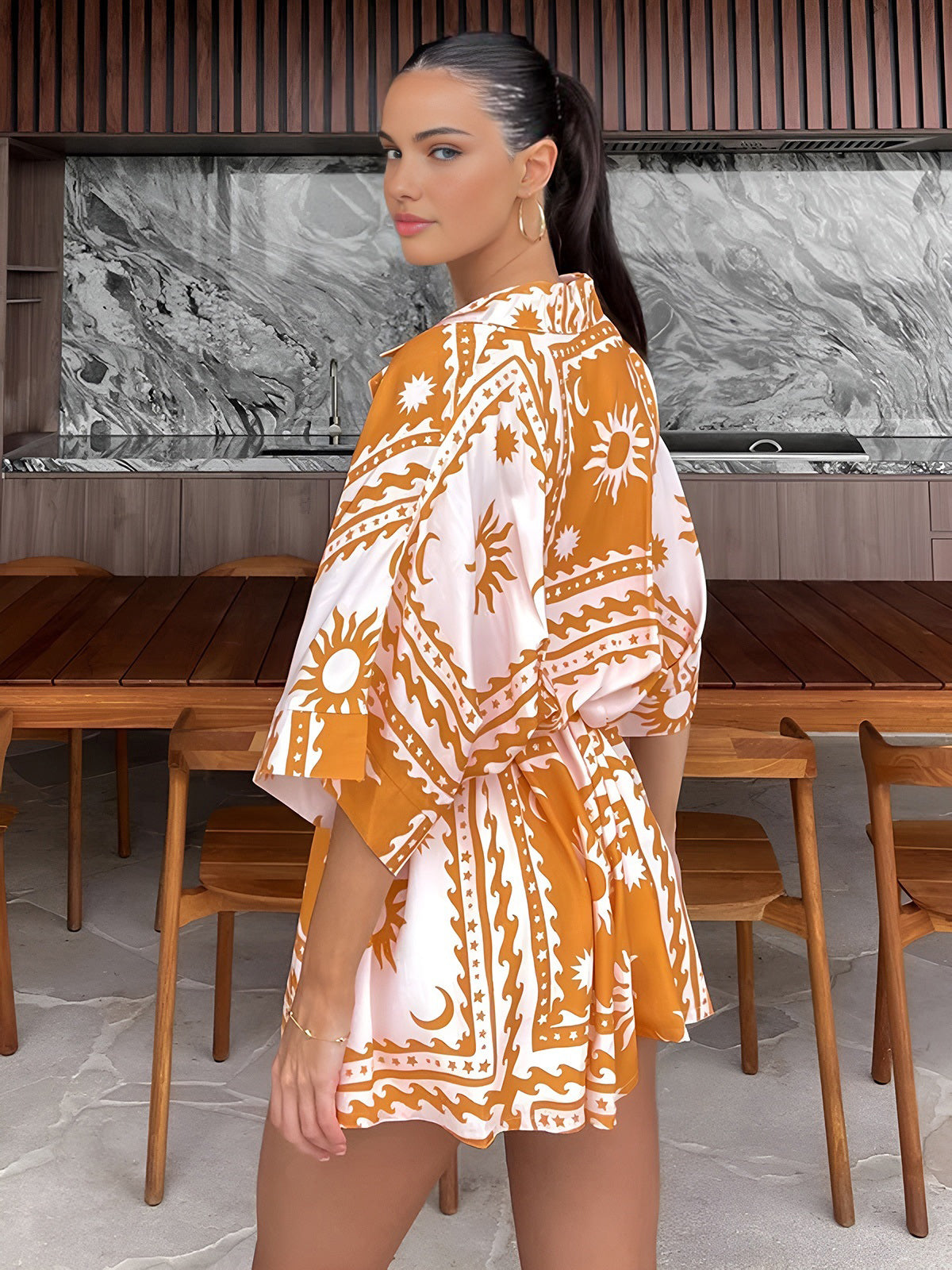 Boho Güneş Ay Desenli Kısa Tulum Turuncu Kısa Kol