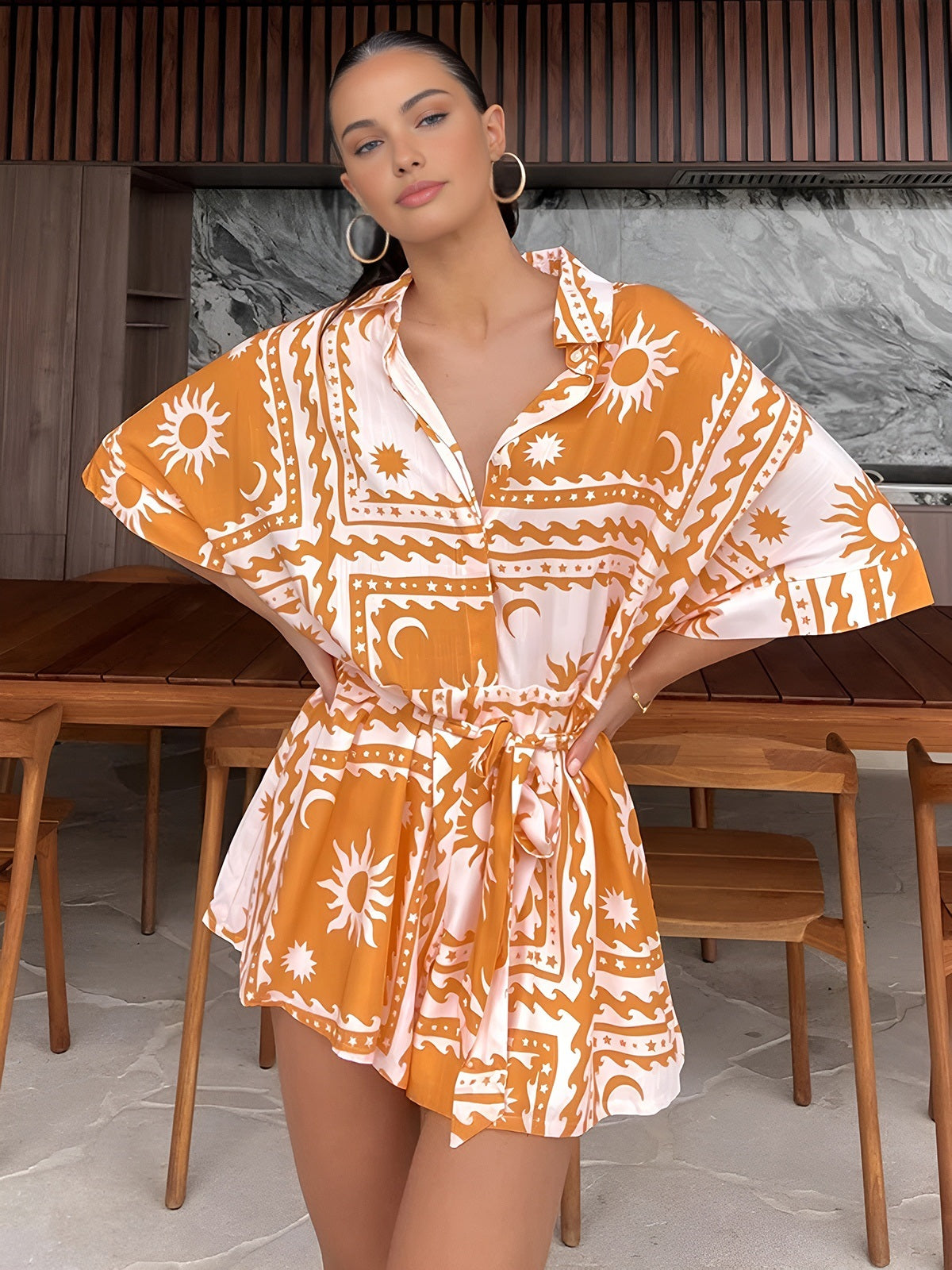 Boho Güneş Ay Desenli Kısa Tulum Turuncu Kısa Kol
