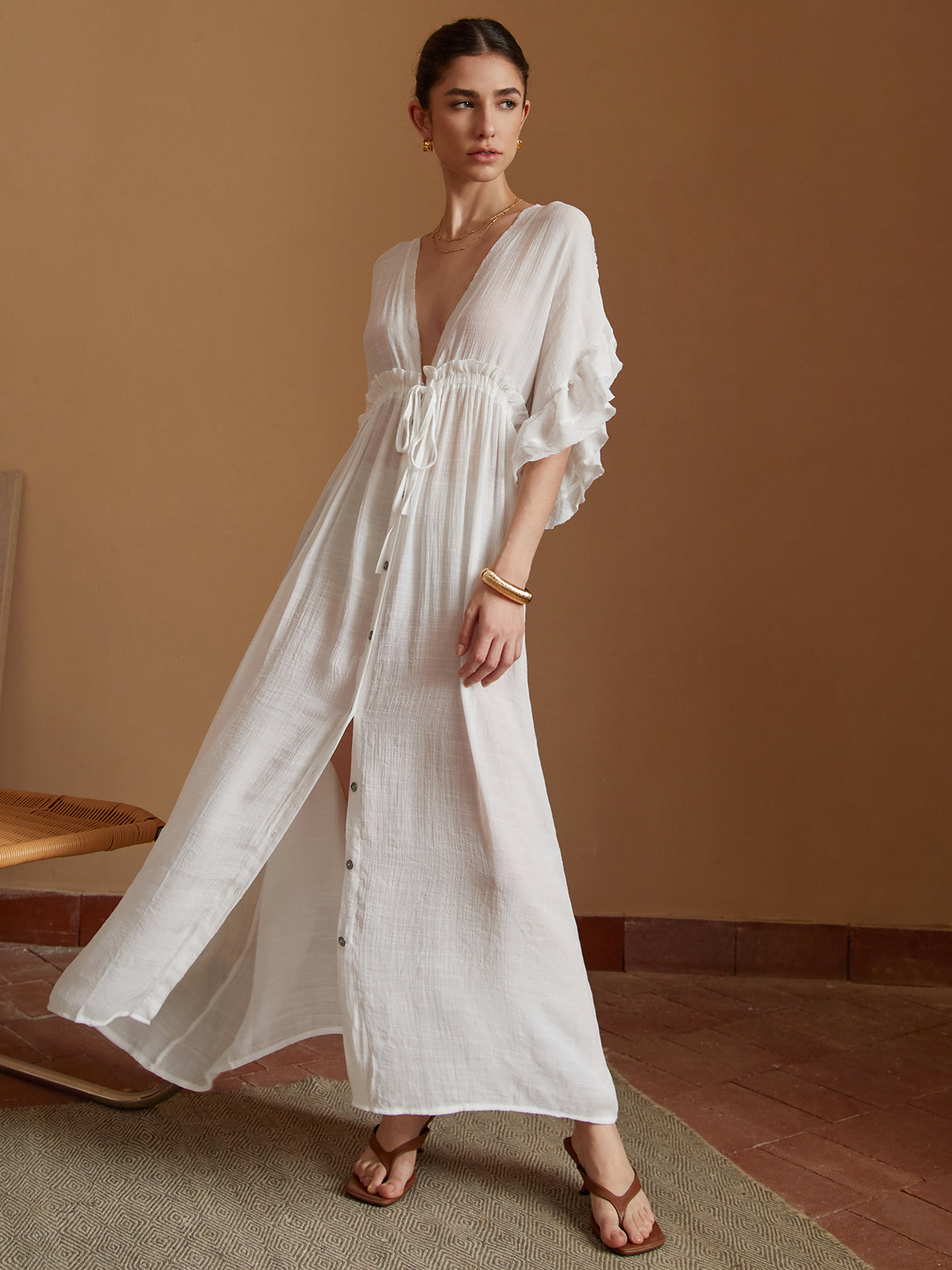 İpli Bel Kimono Uzun Elbise Beyaz Arkasız Maxi - 4. görünüm