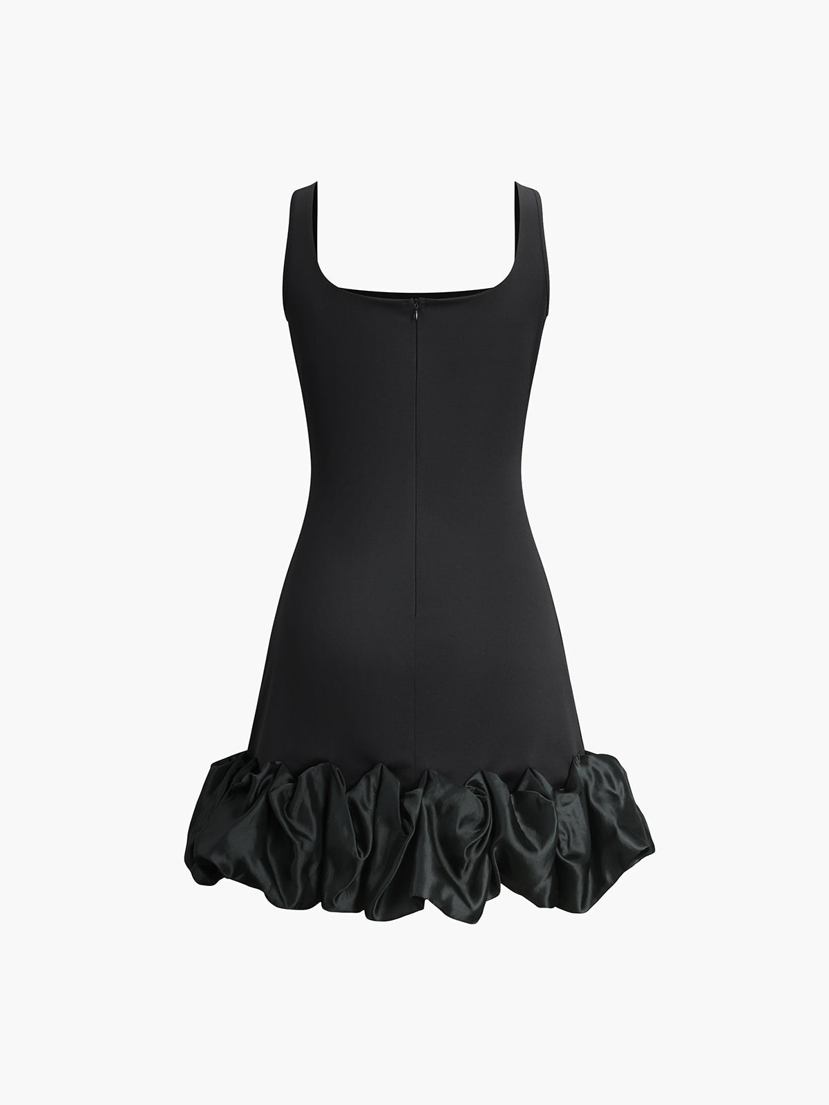 Fırfırlı Kare Yaka Kısa Elbise Siyah Slim Fit