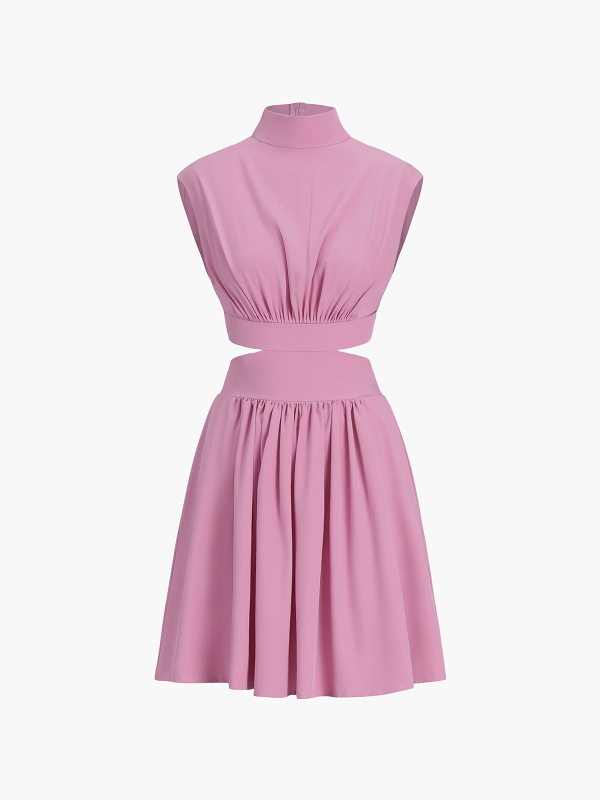 Kesim Detaylı Kolsuz Kısa Elbise Pembe Stand Yaka