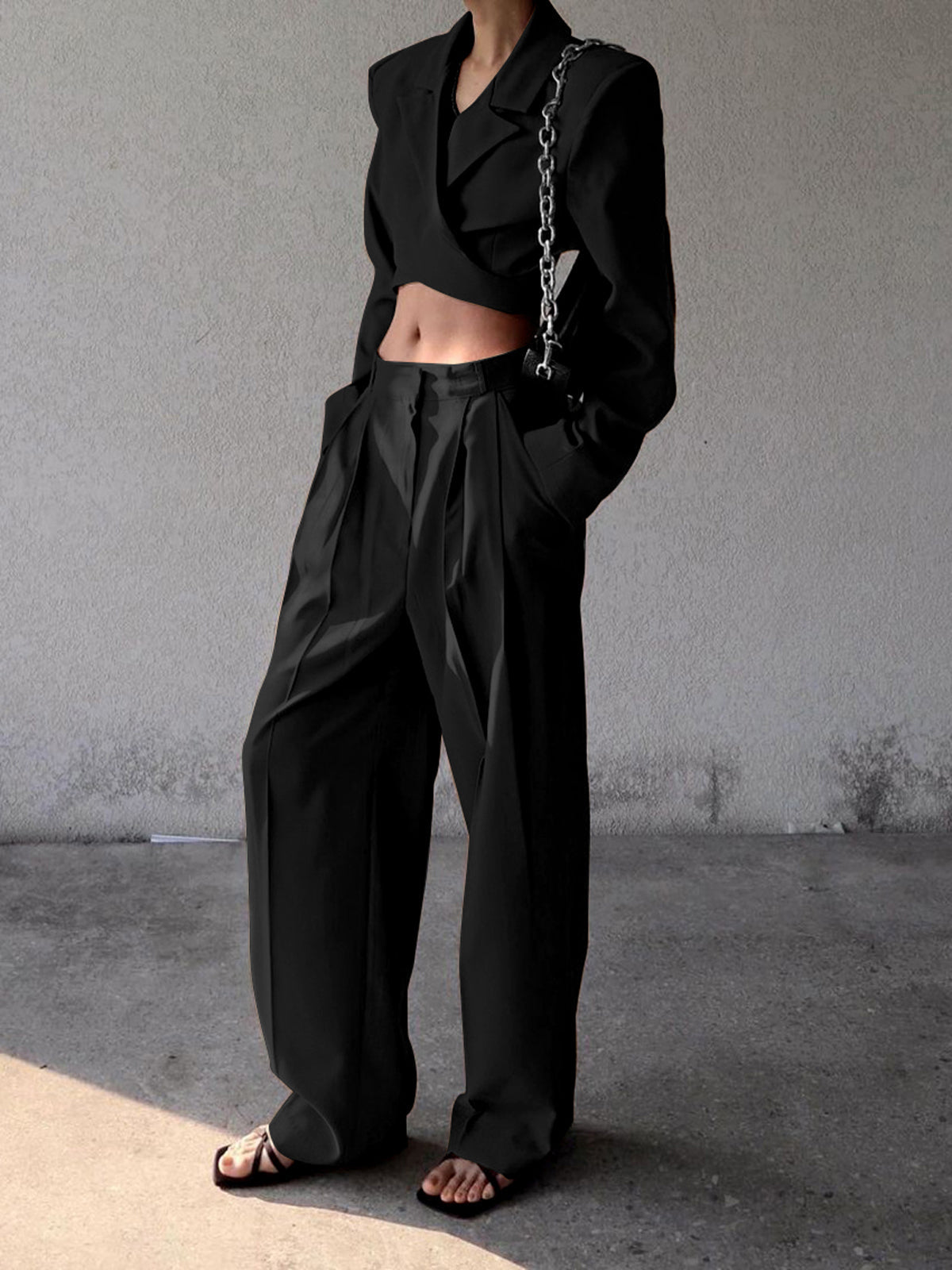 Düz Paça Bağcıklı Blazer Pantolon Takım Siyah Regular Fit