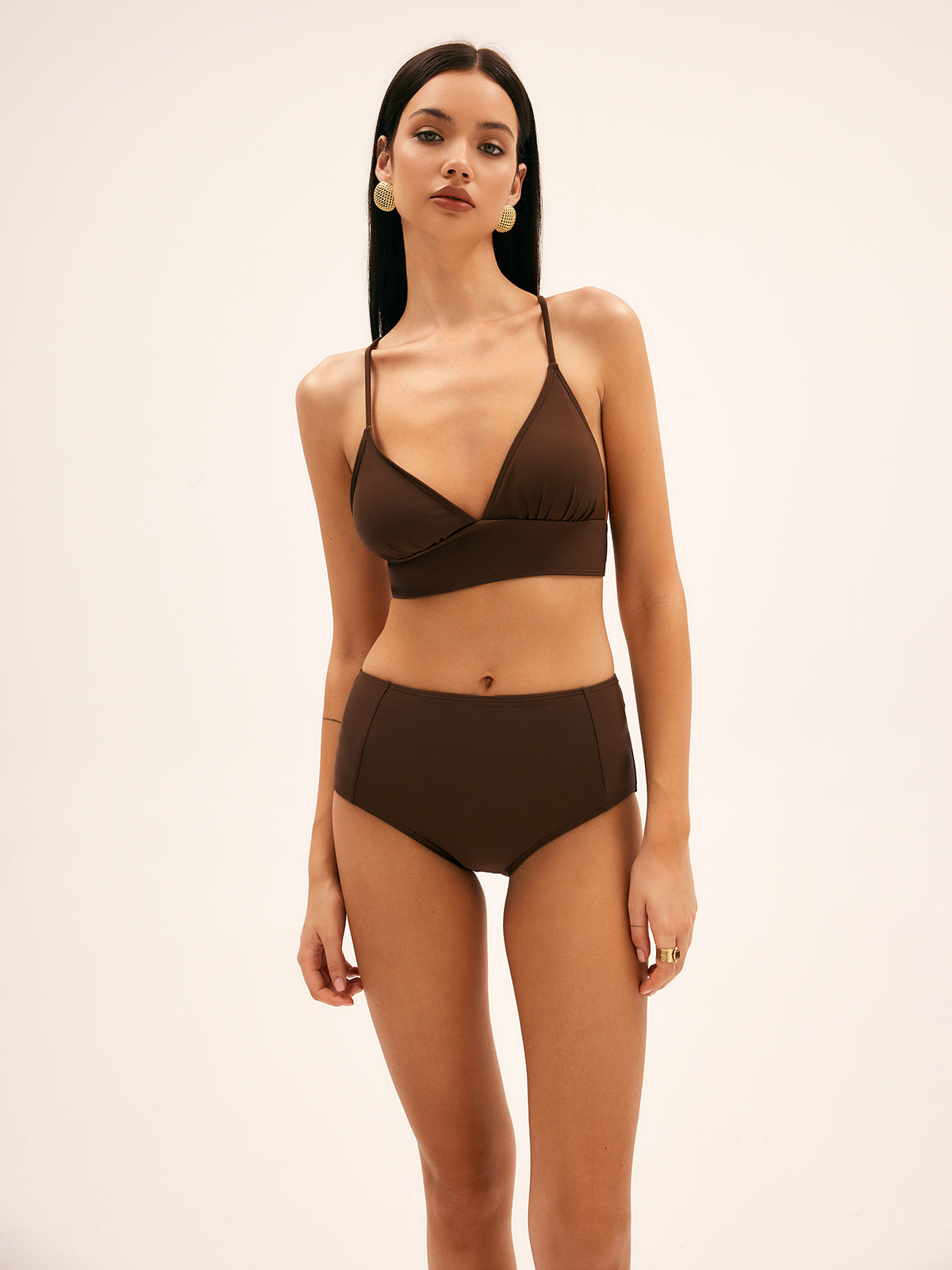 Palmiye Yüksek Bel Bikini Takımı Bağcıklı Kahverengi - 3. görünüm