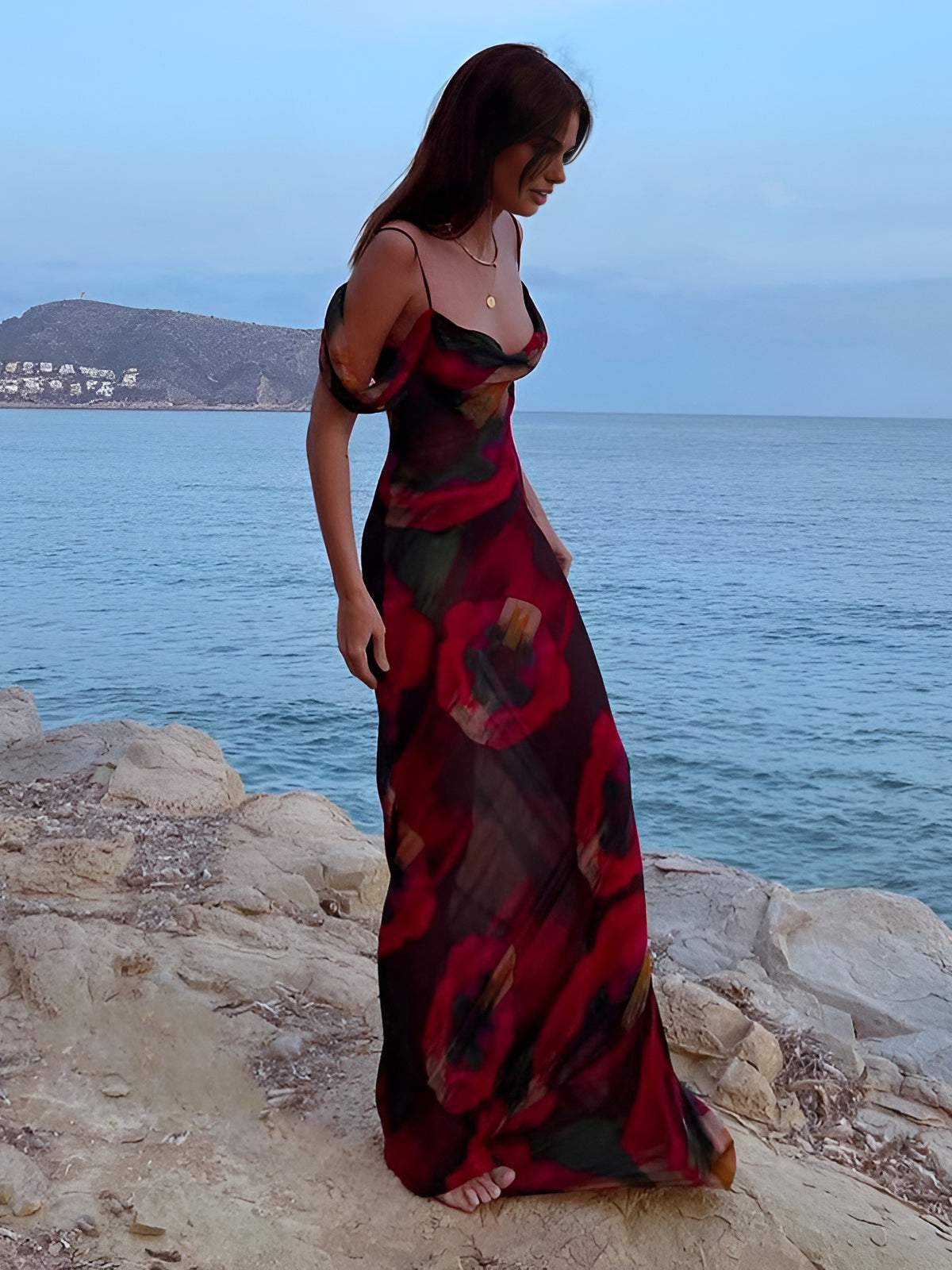 Çiçekli Askılı Maxi Elbise Kırmızı Transparan