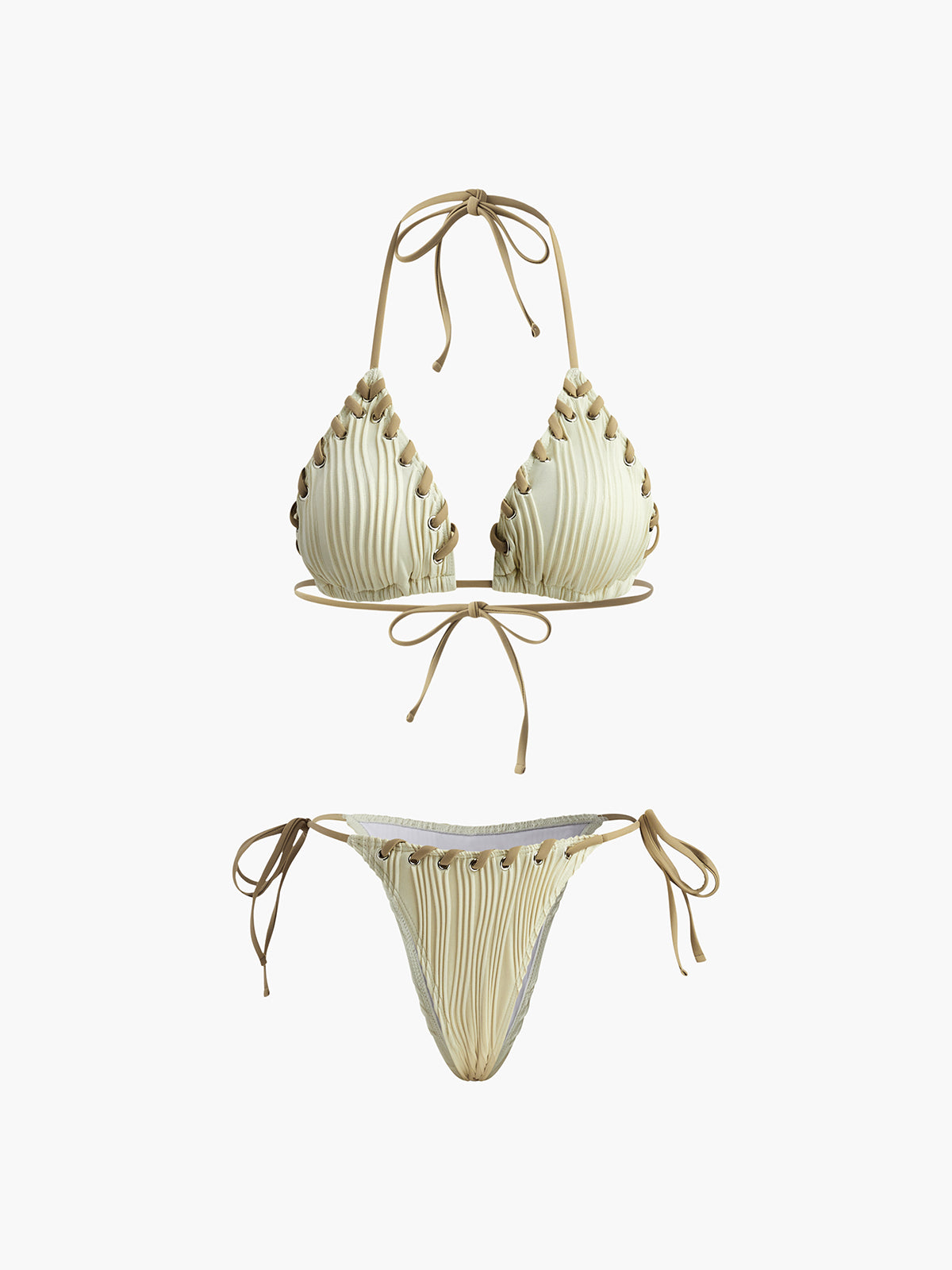 Dantelli Bağcıklı Bikini Takımı Bej Çıkarılabilir Pedli