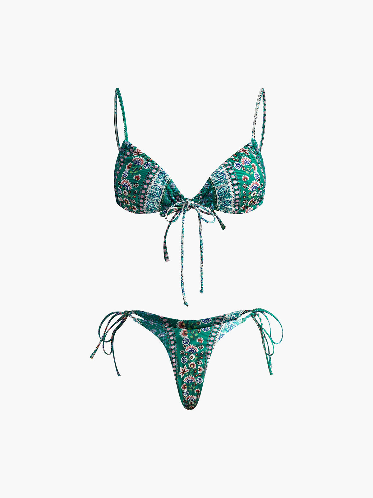 Çiçekli Önden Bağlamalı Bikini Takımı Yeşil Çıkarılabilir Pedli