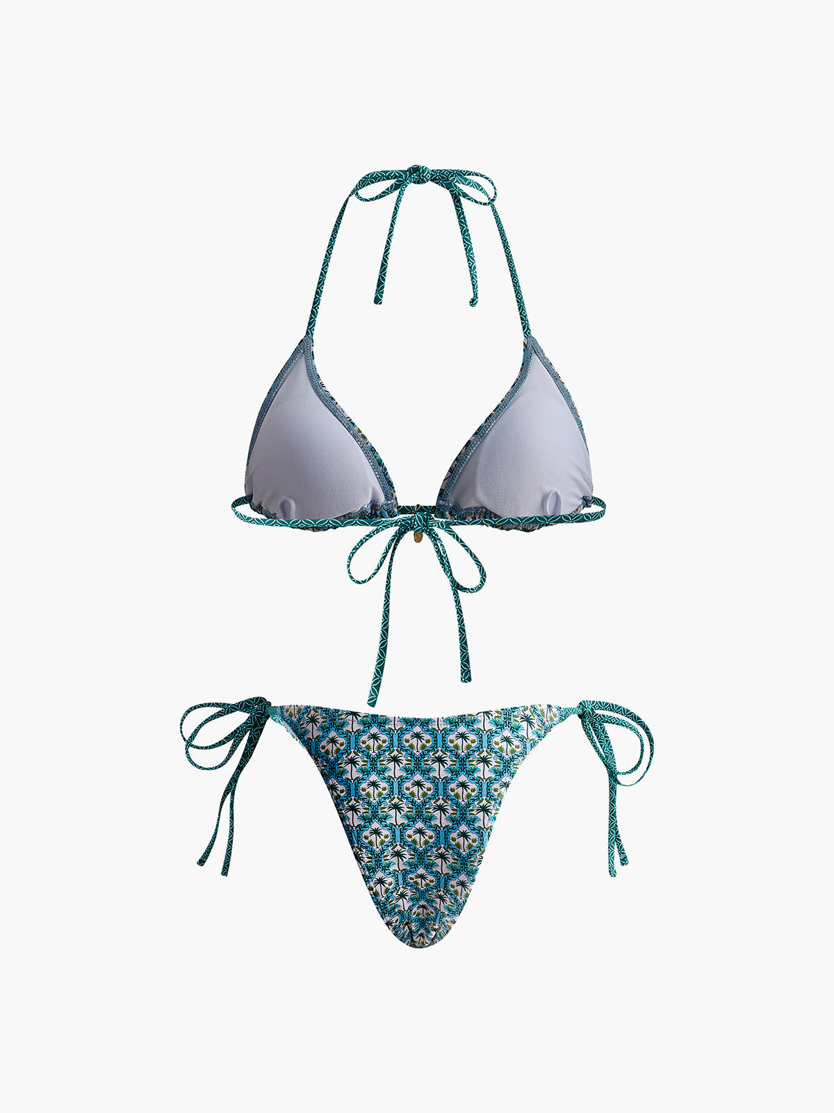 Baskılı Dantelli Bikini Takımı Yeşil Halter Yaka