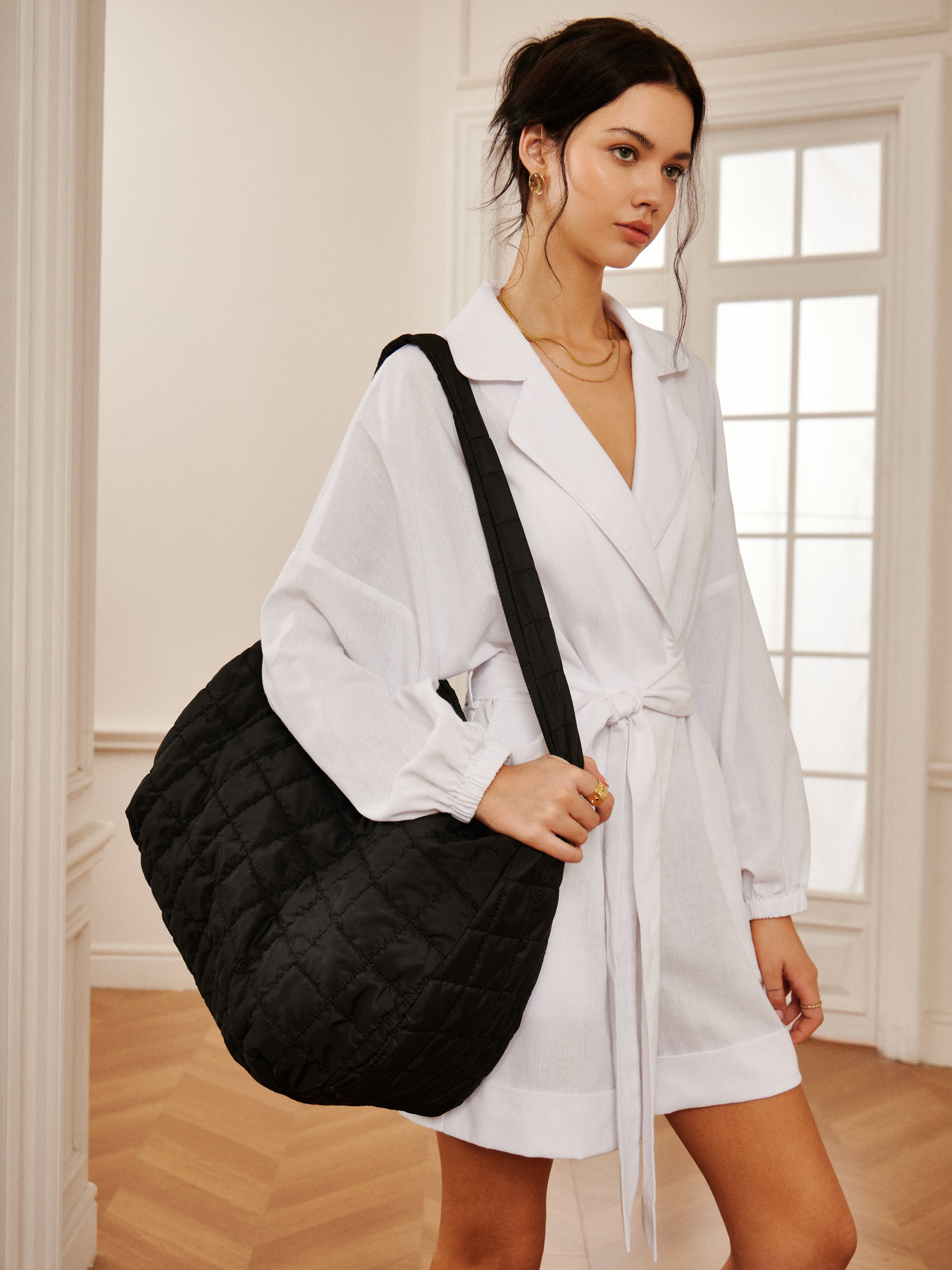 Ekose Büyük Puffer Omuz Çanta Siyah Bulut Model