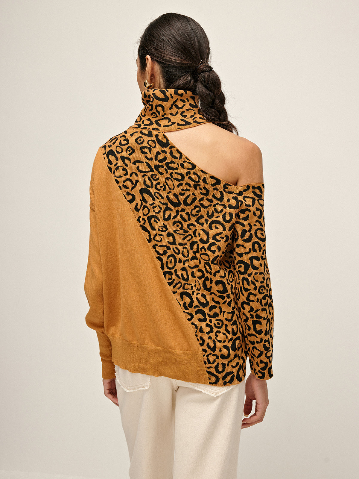 Balıkçı Yaka Kazak Kesik Leopar Patchwork Örgü Üst