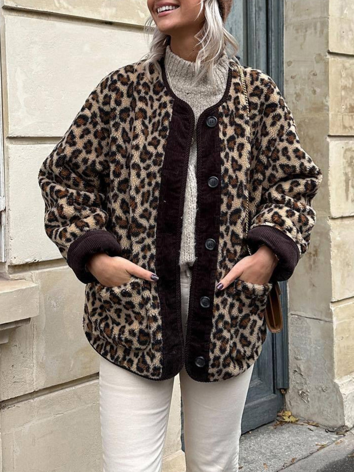 Leopar Desenli Oversize Kış Kabanı Kahverengi Uzun Kol