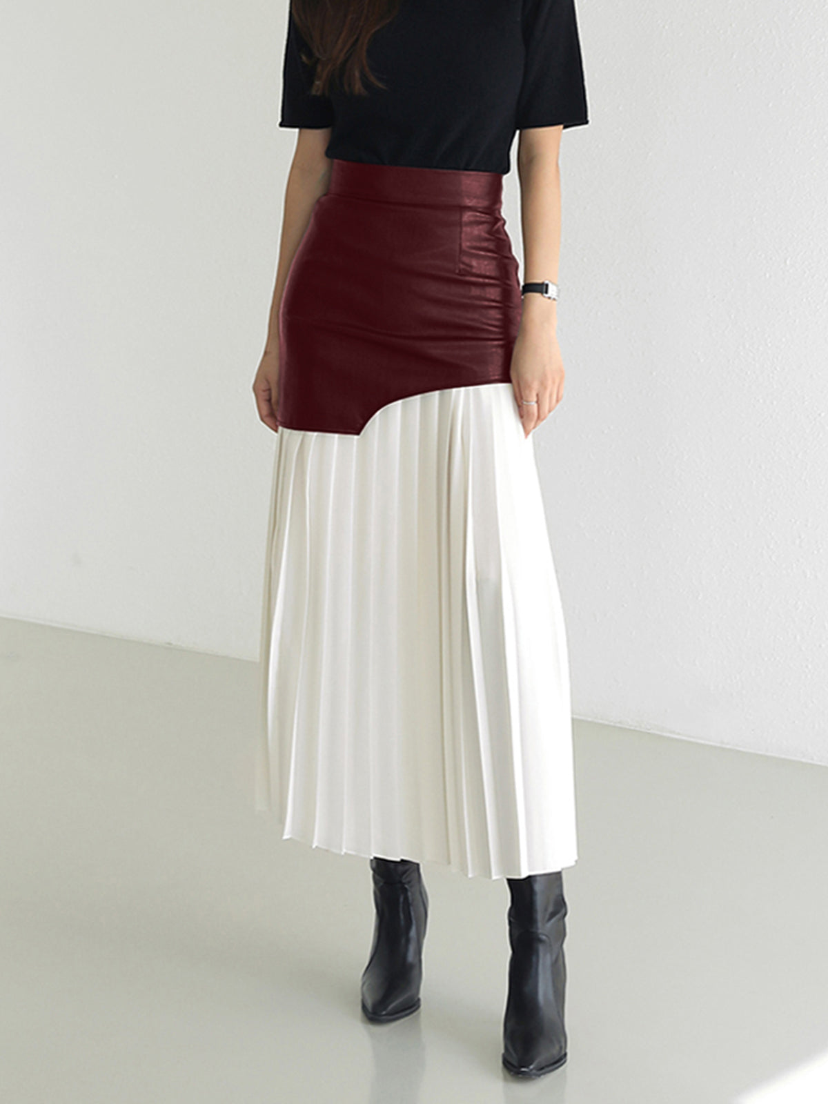 Patchwork Detaylı Asimetrik Pileli Maxi Etek - Bordo