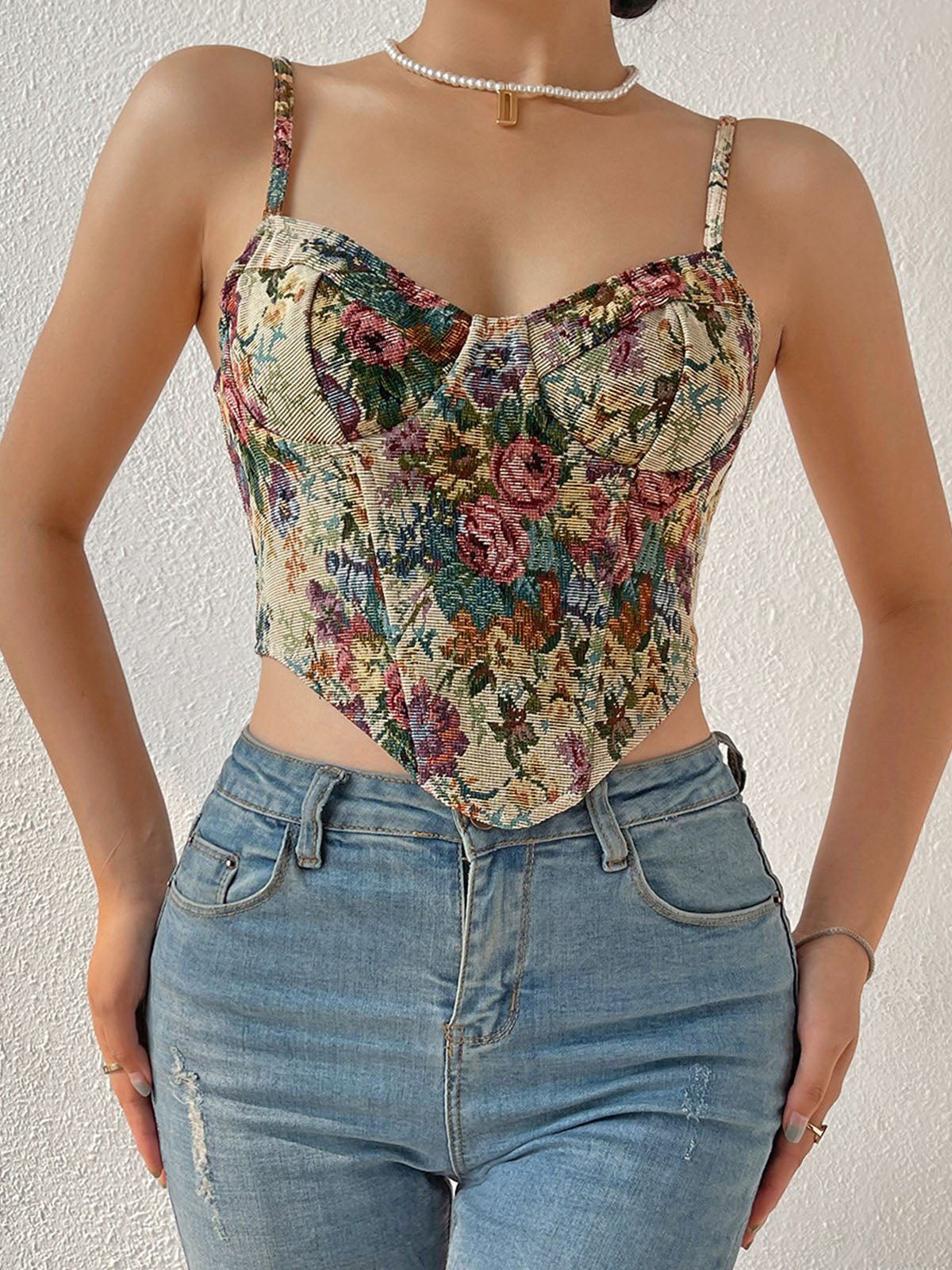 Retro Çiçek Desenli Korse Kalp Yaka Bej Bordo