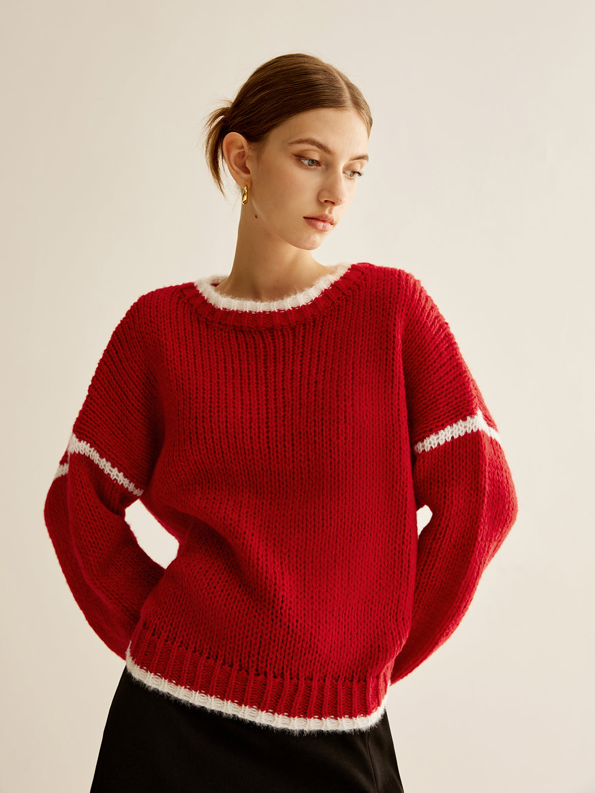 Kruvaze Yaka Kontrast Kenar Sweatshirt Kırmızı Örme